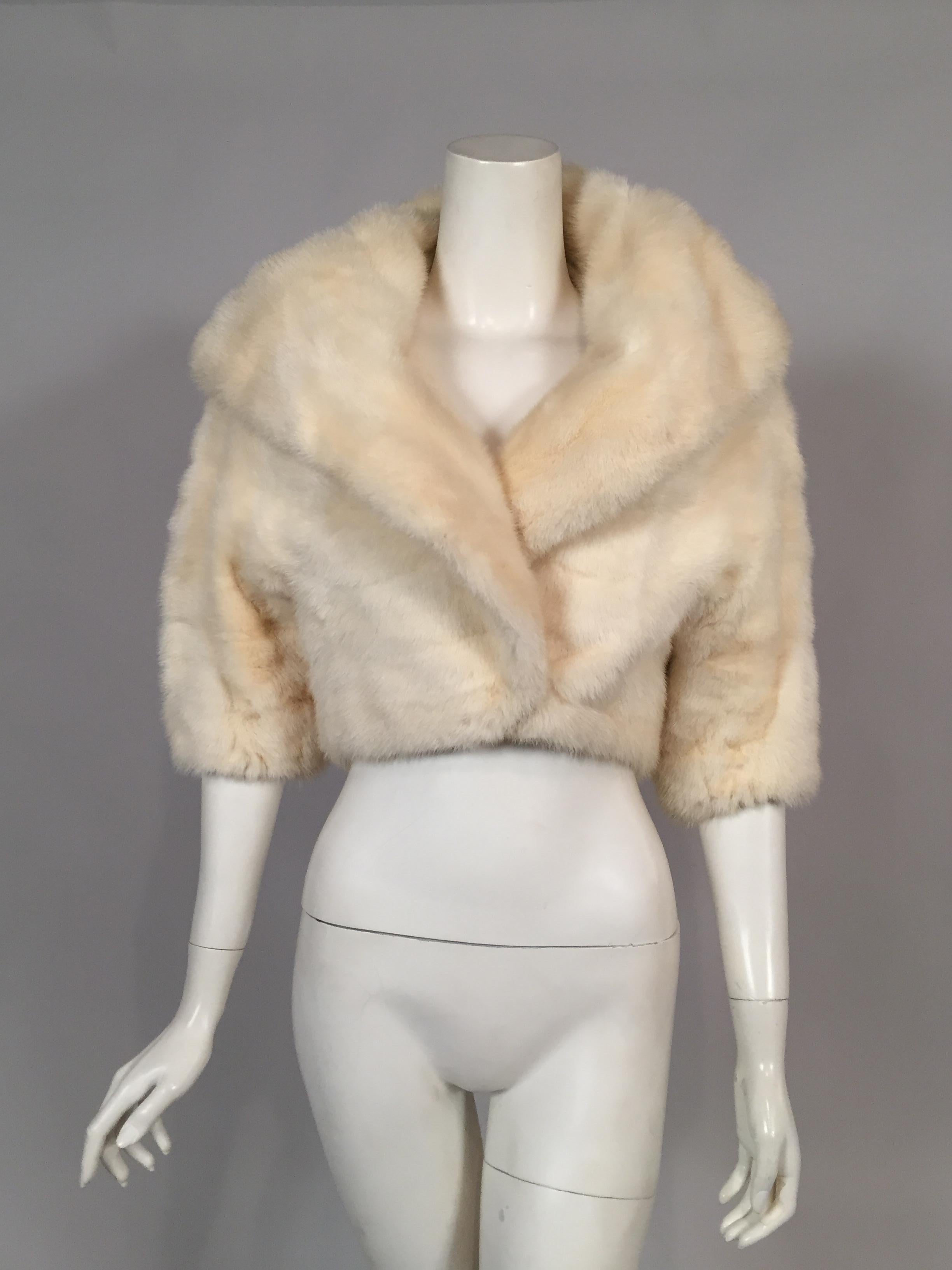  White Horizontal Mink Bolero Jacket with Oversized Shawl Collar In Excellent Condition In New Hope, PA
