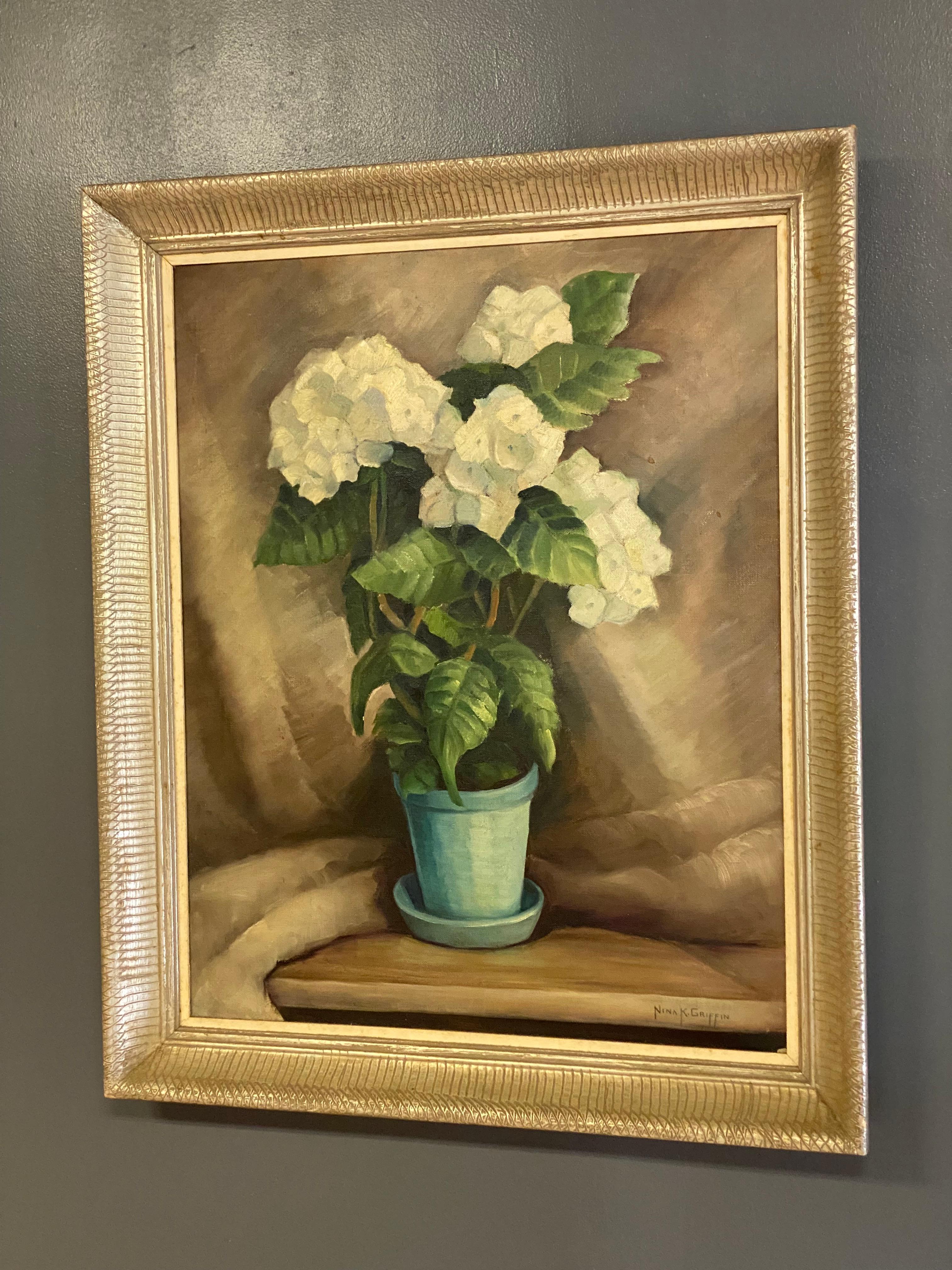 Hollywood Regency White Hydrangea Painting by Nina Kickbush Griffin