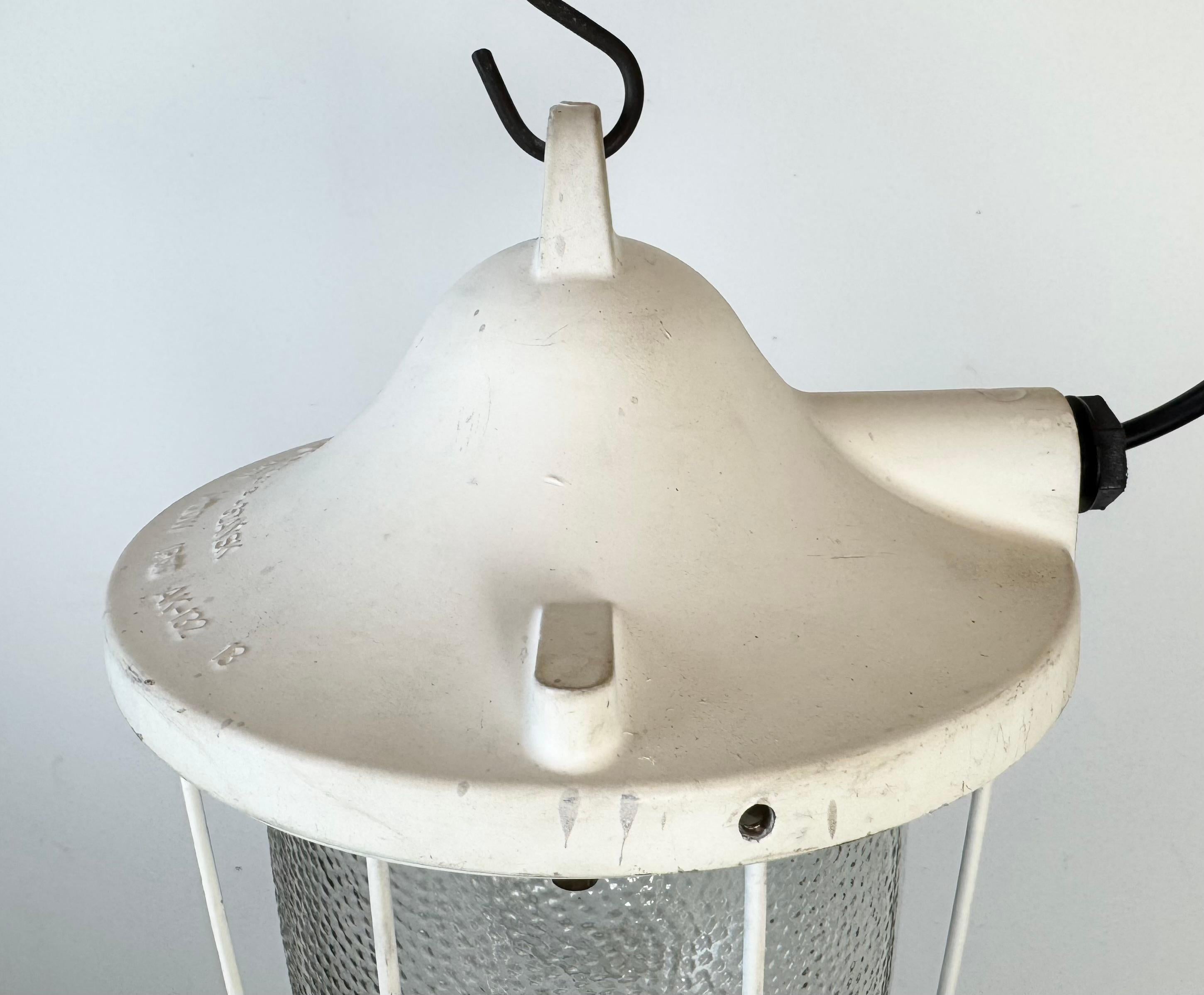 White Industrial Bunker Cage Light from Polam Gdansk, 1970s In Good Condition For Sale In Kojetice, CZ