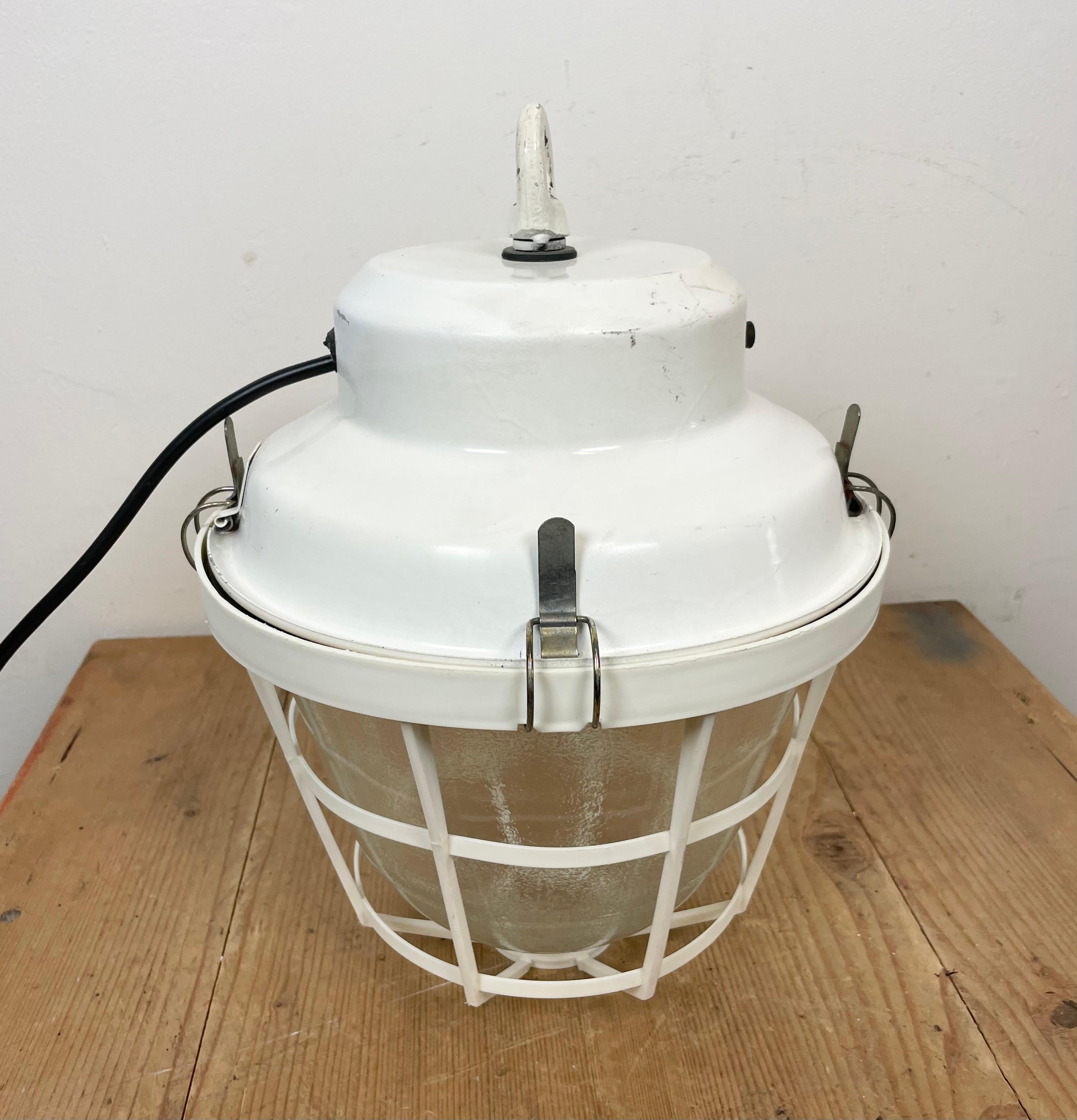 White Industrial Factory Light with Plastic Grid from Elektrosvit, 1980s For Sale 5