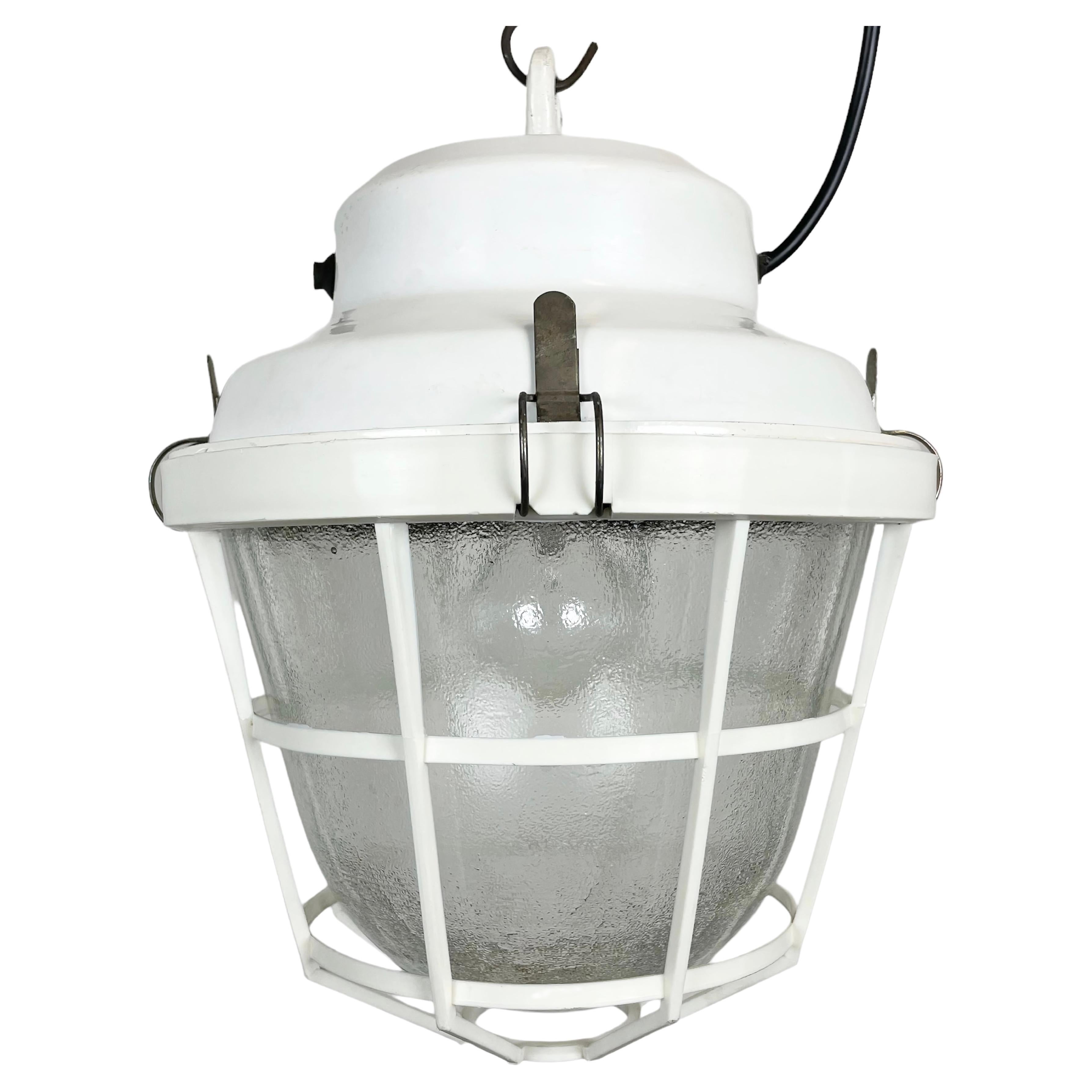 White Industrial Factory Light with Plastic Grid from Elektrosvit, 1980s For Sale