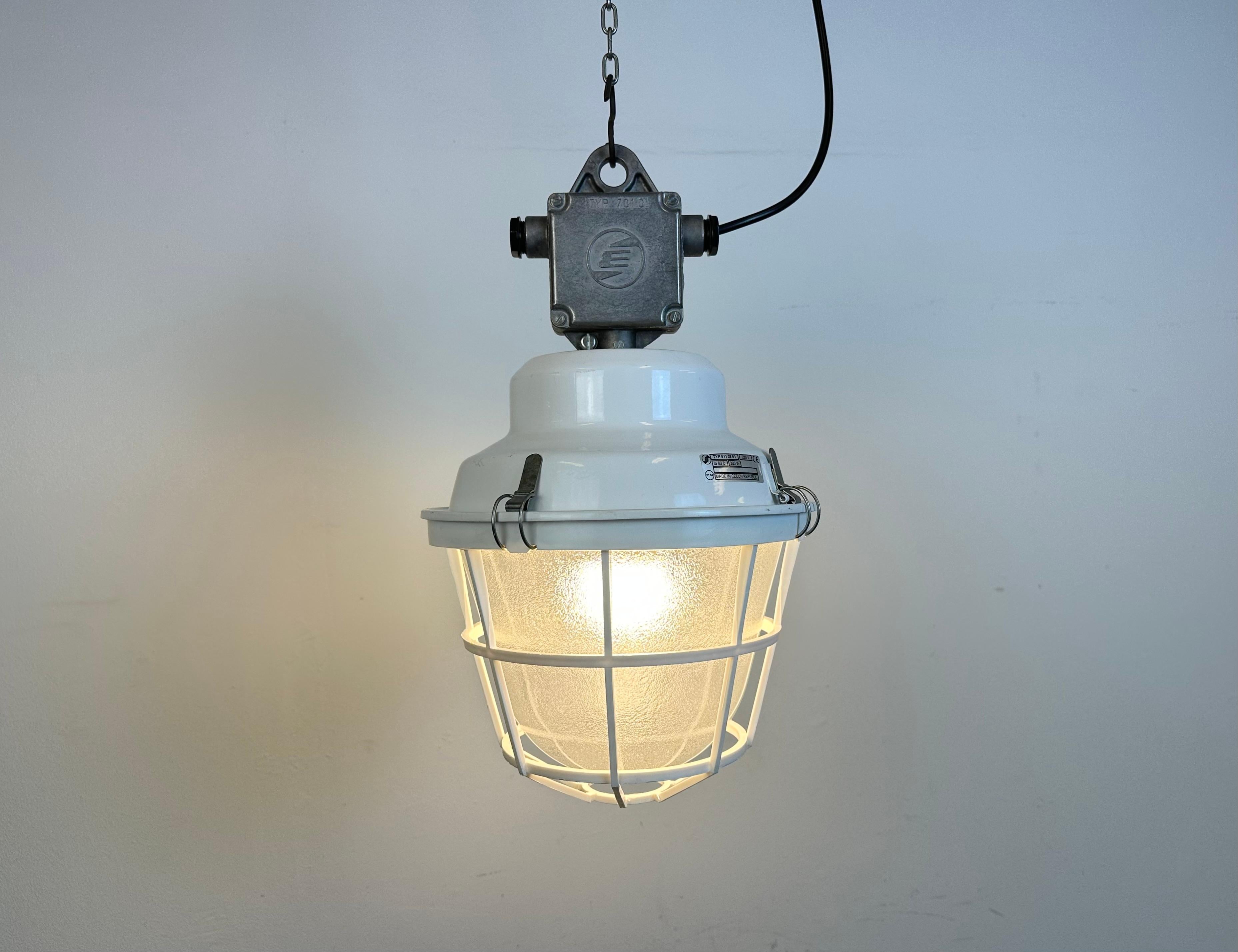White Industrial Factory Light with Plastic Grid from Elektrosvit, 1990s For Sale 4
