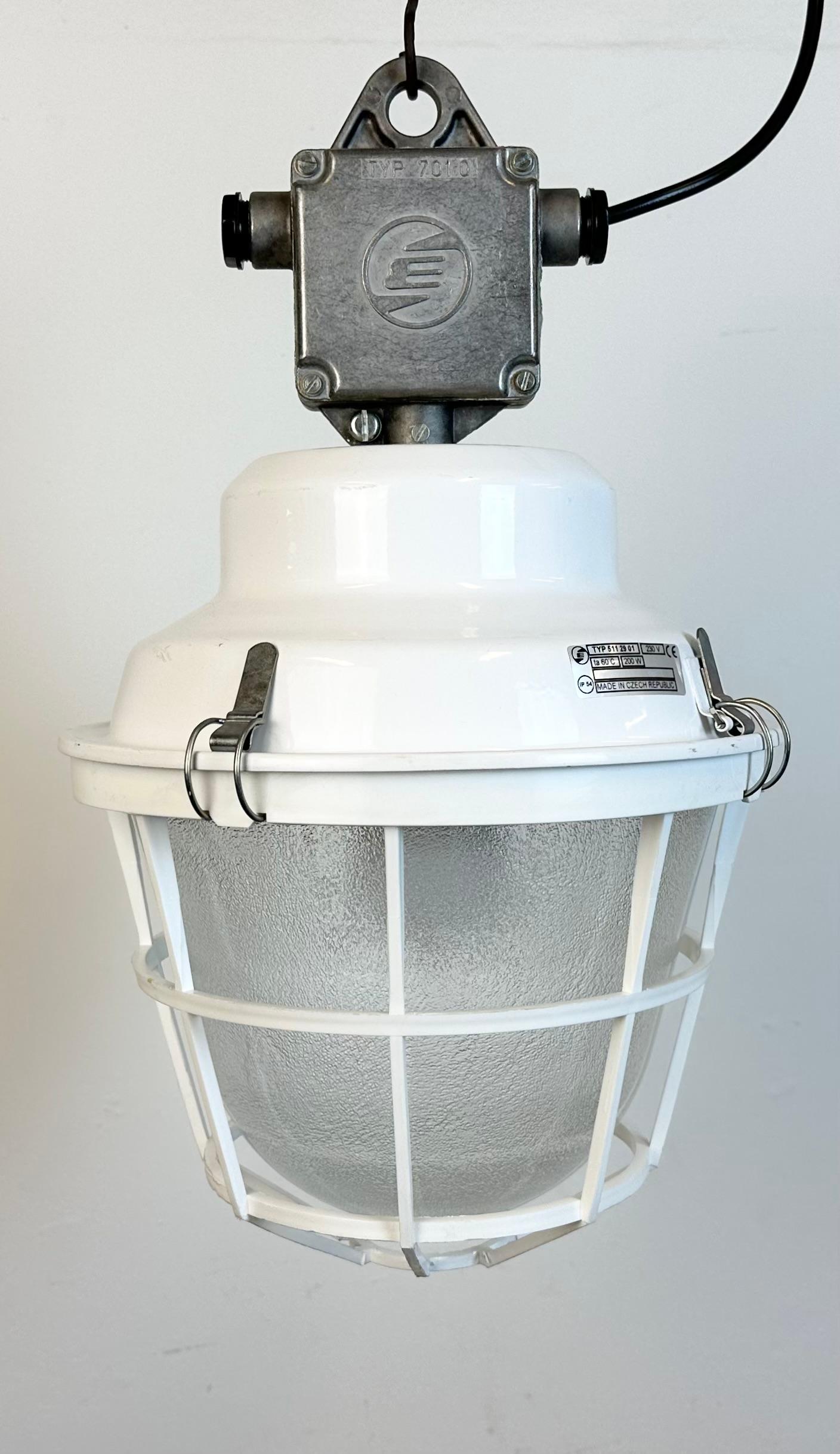 Czech White Industrial Factory Light with Plastic Grid from Elektrosvit, 1990s For Sale