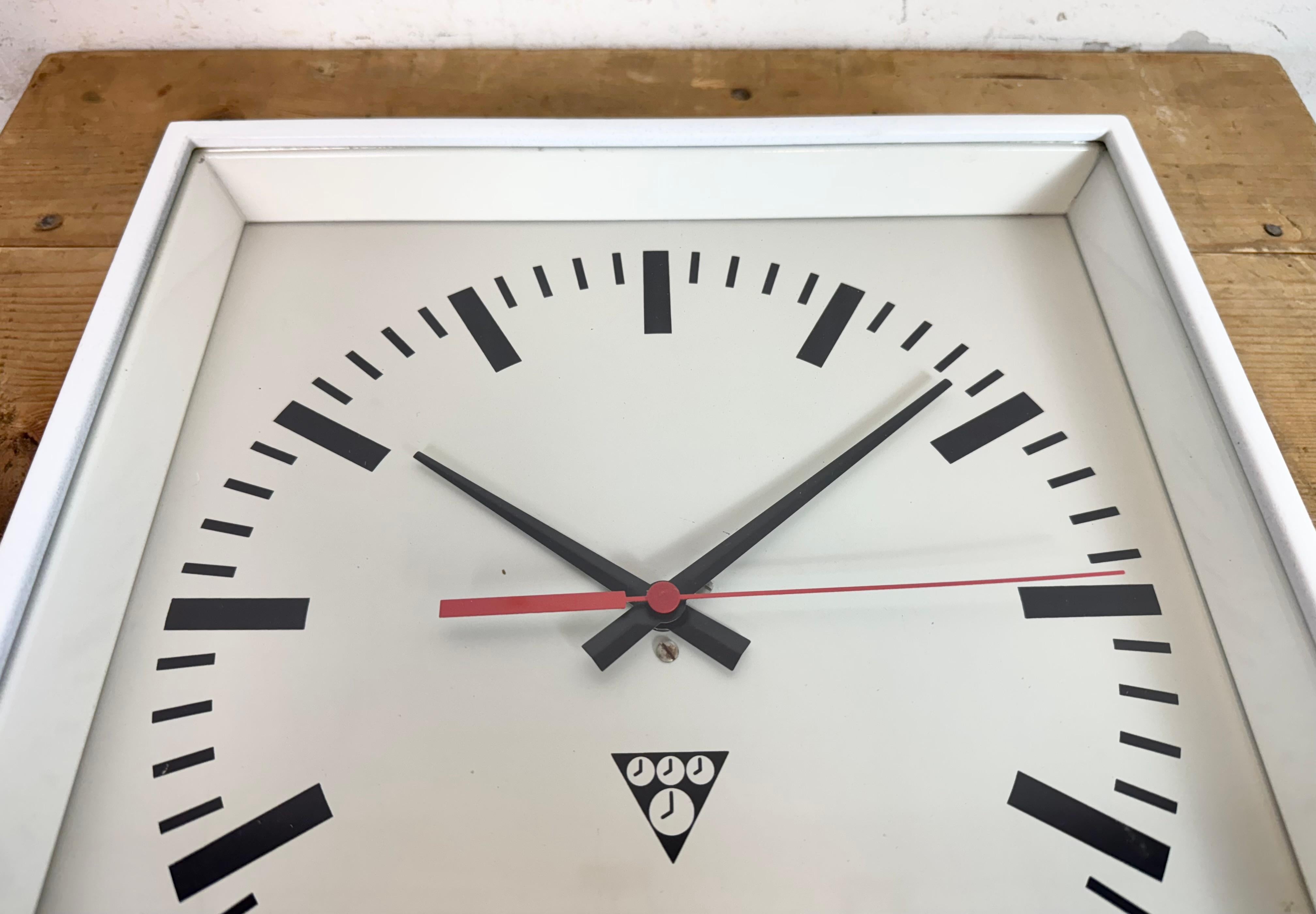 White Industrial Square Wall Clock from Pragotron, 1970s For Sale 4
