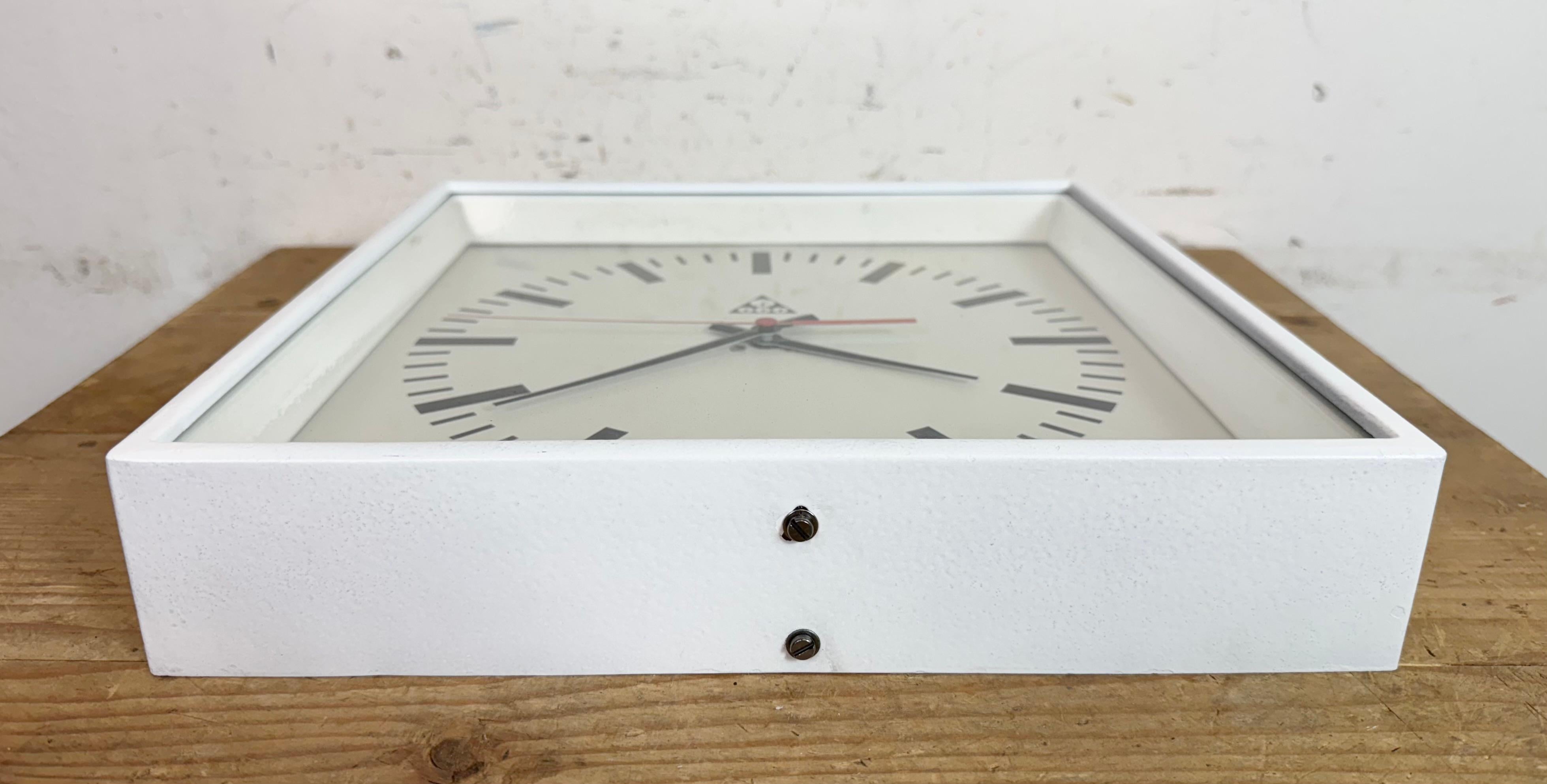 White Industrial Square Wall Clock from Pragotron, 1970s For Sale 5