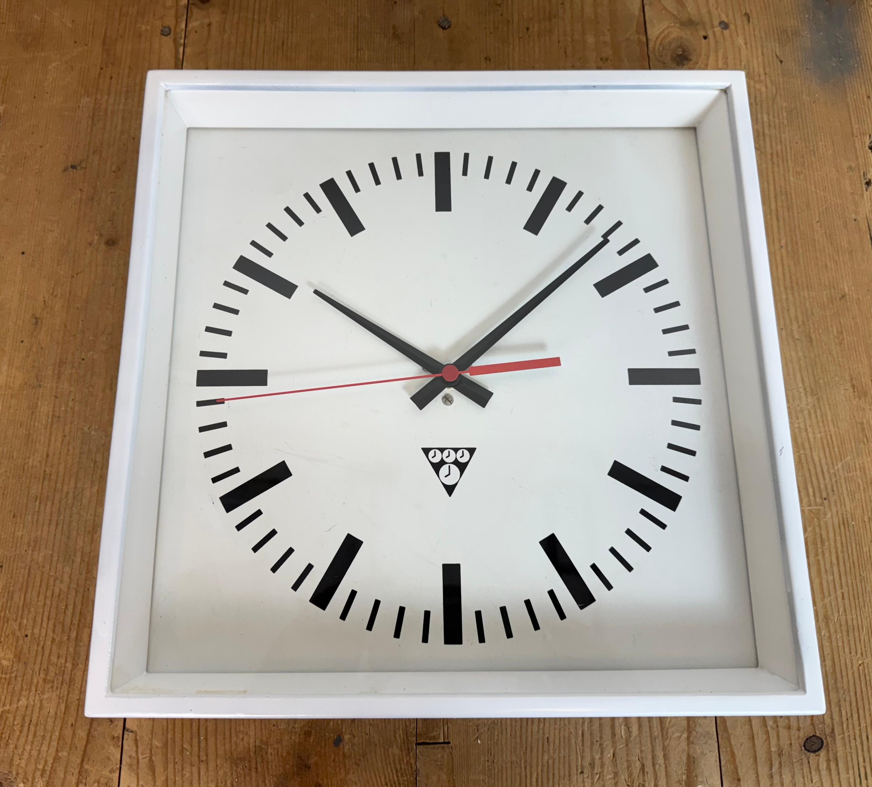 White Industrial Square Wall Clock from Pragotron, 1970s For Sale 3