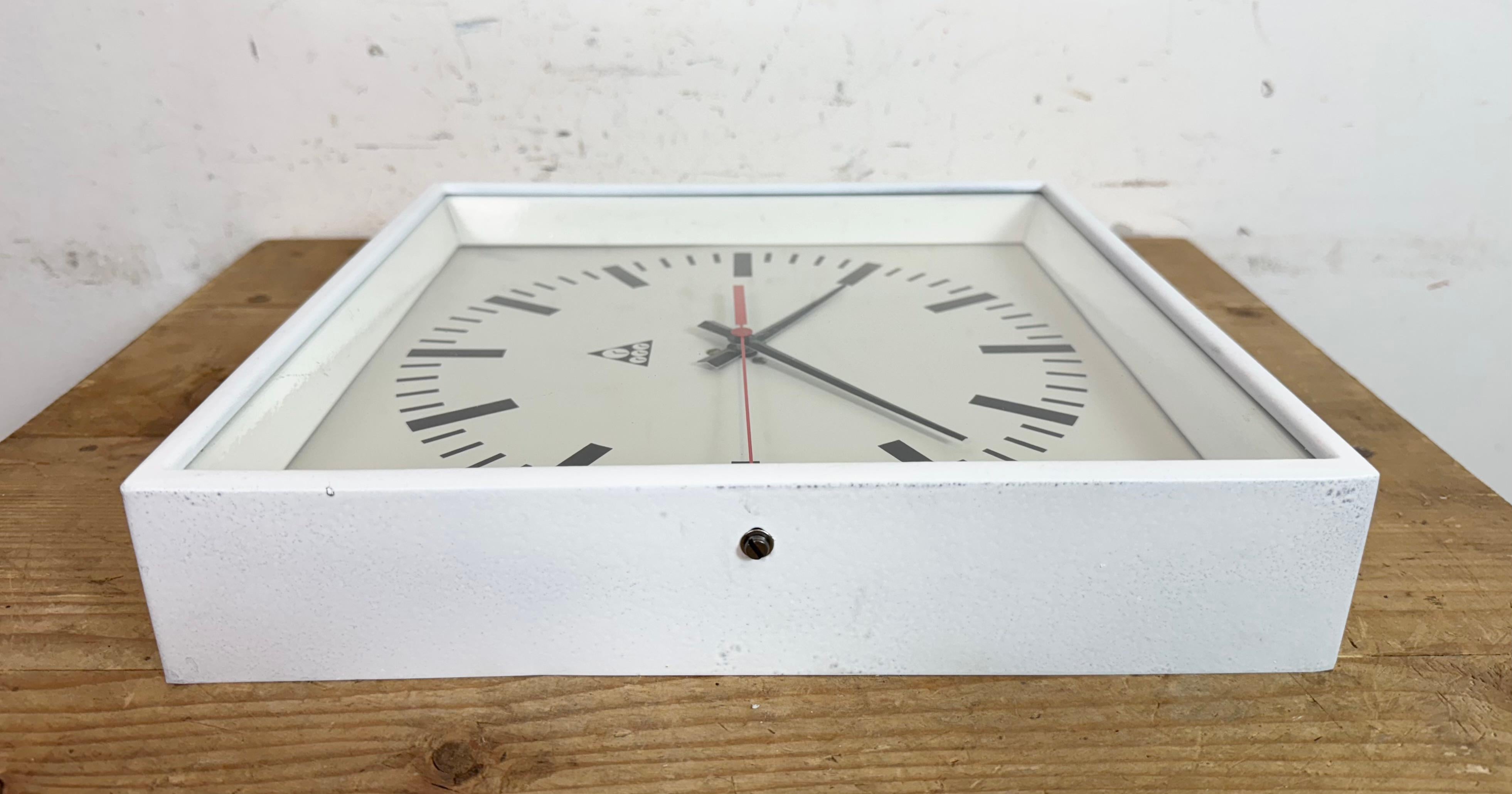 White Industrial Square Wall Clock from Pragotron, 1970s For Sale 6