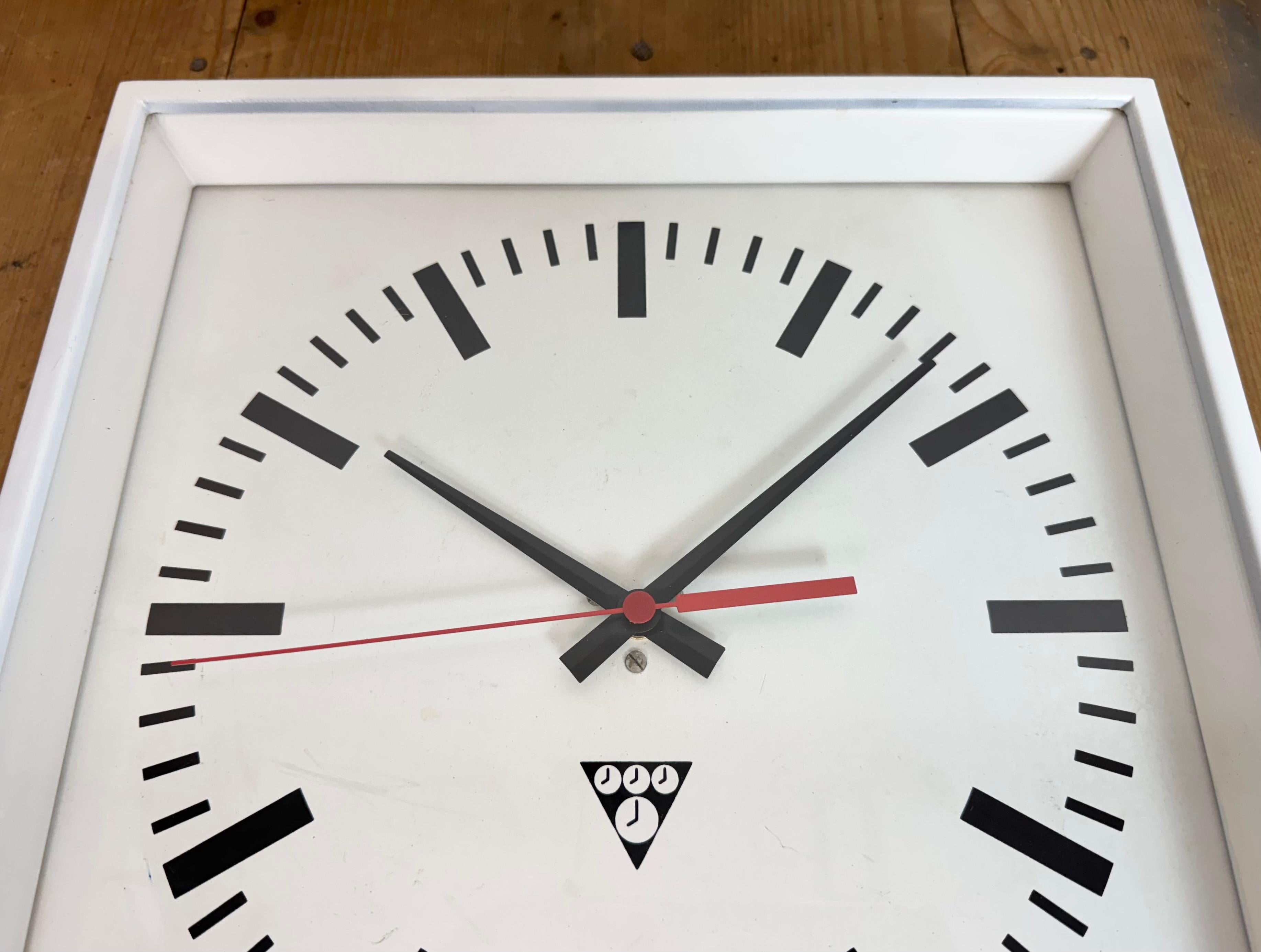 White Industrial Square Wall Clock from Pragotron, 1970s For Sale 5