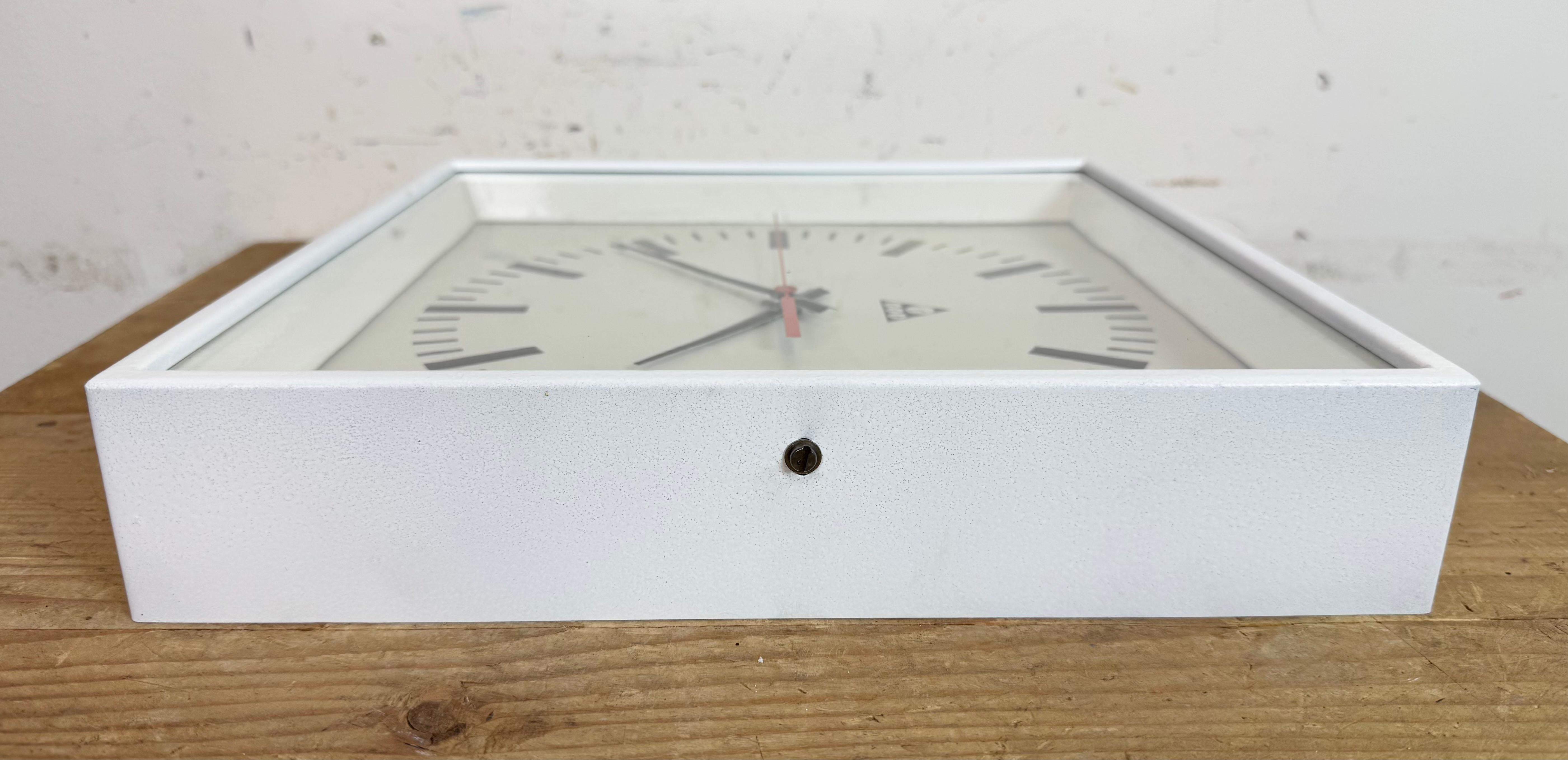 White Industrial Square Wall Clock from Pragotron, 1970s For Sale 9