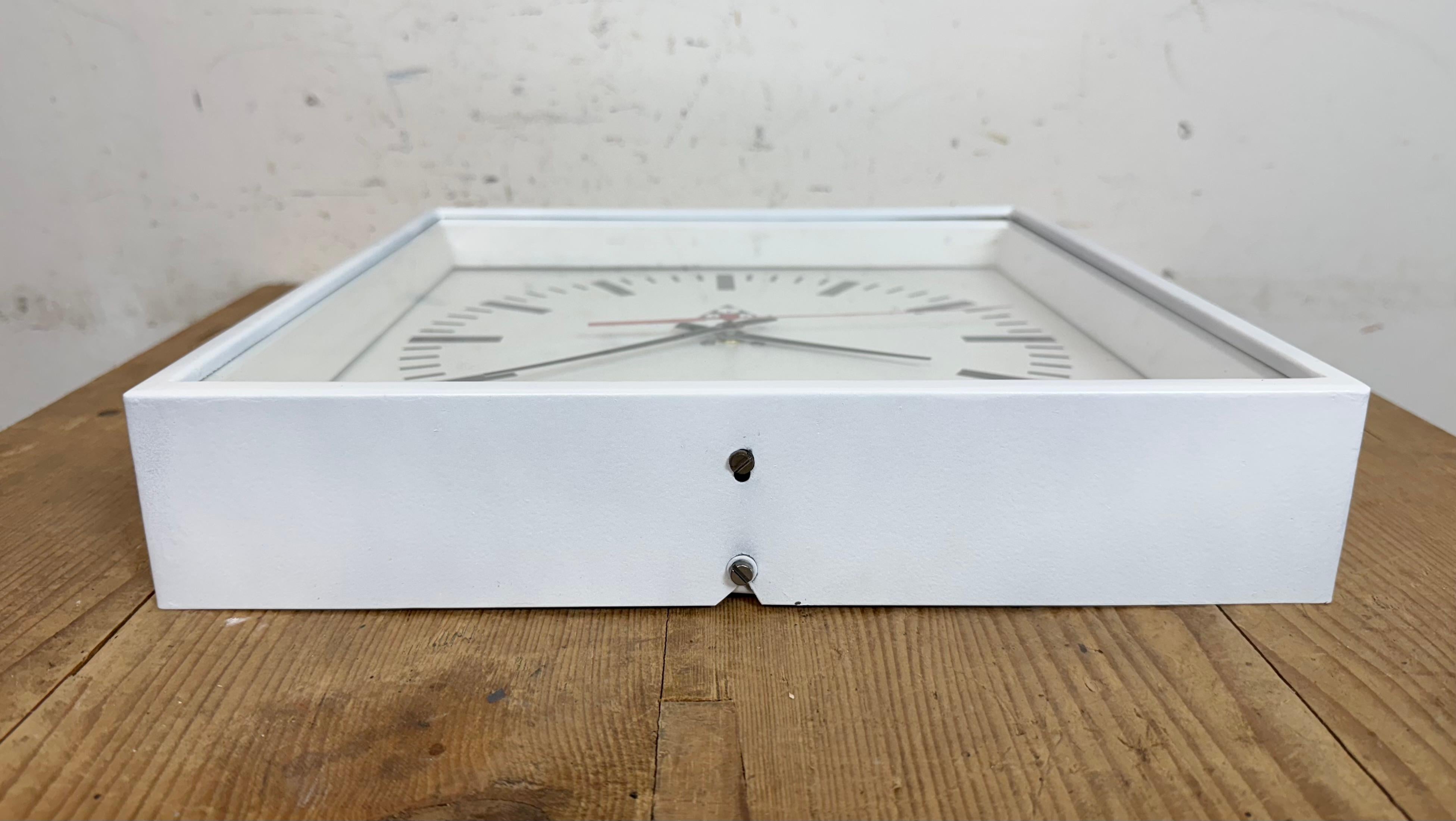 White Industrial Square Wall Clock from Pragotron, 1970s For Sale 8