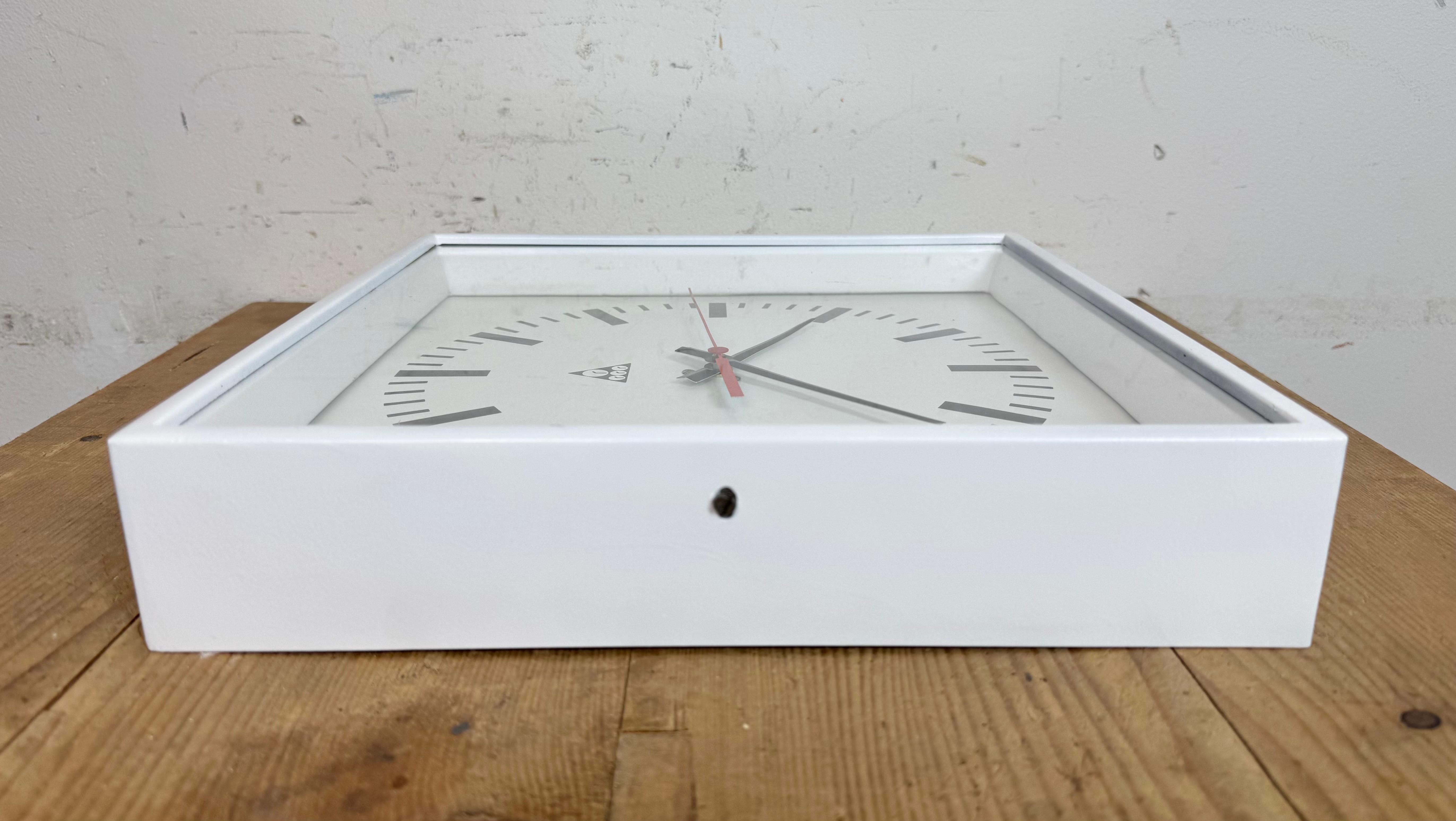 White Industrial Square Wall Clock from Pragotron, 1970s For Sale 9