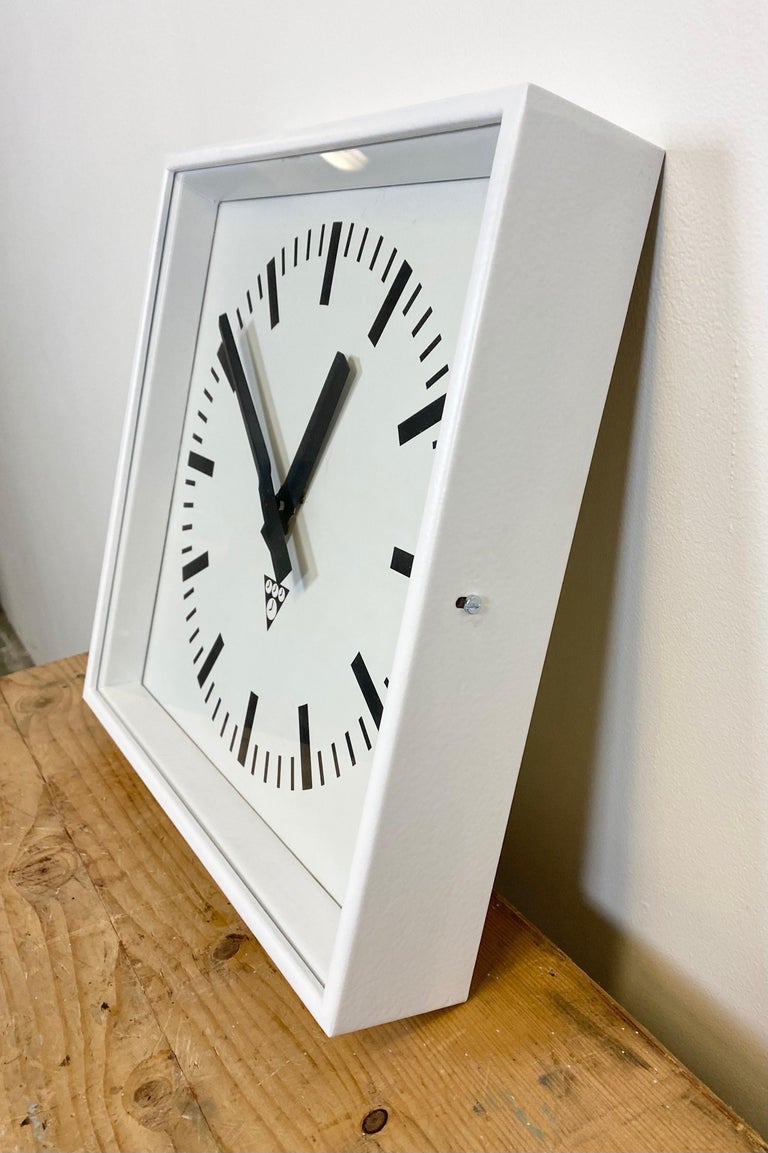 White Industrial Square Wall Clock from Pragotron, 1970s at 1stDibs