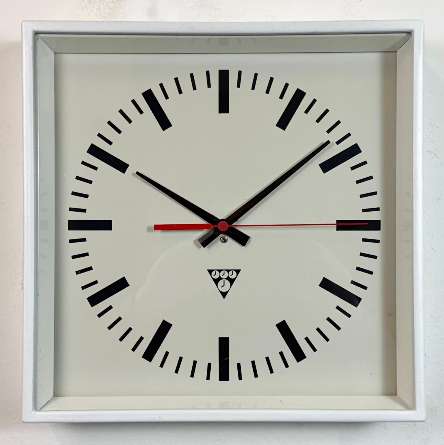 Czech White Industrial Square Wall Clock from Pragotron, 1970s For Sale