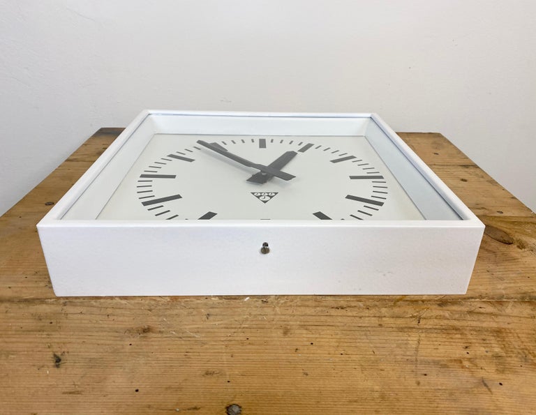 White Industrial Square Wall Clock from Pragotron, 1970s at 1stDibs