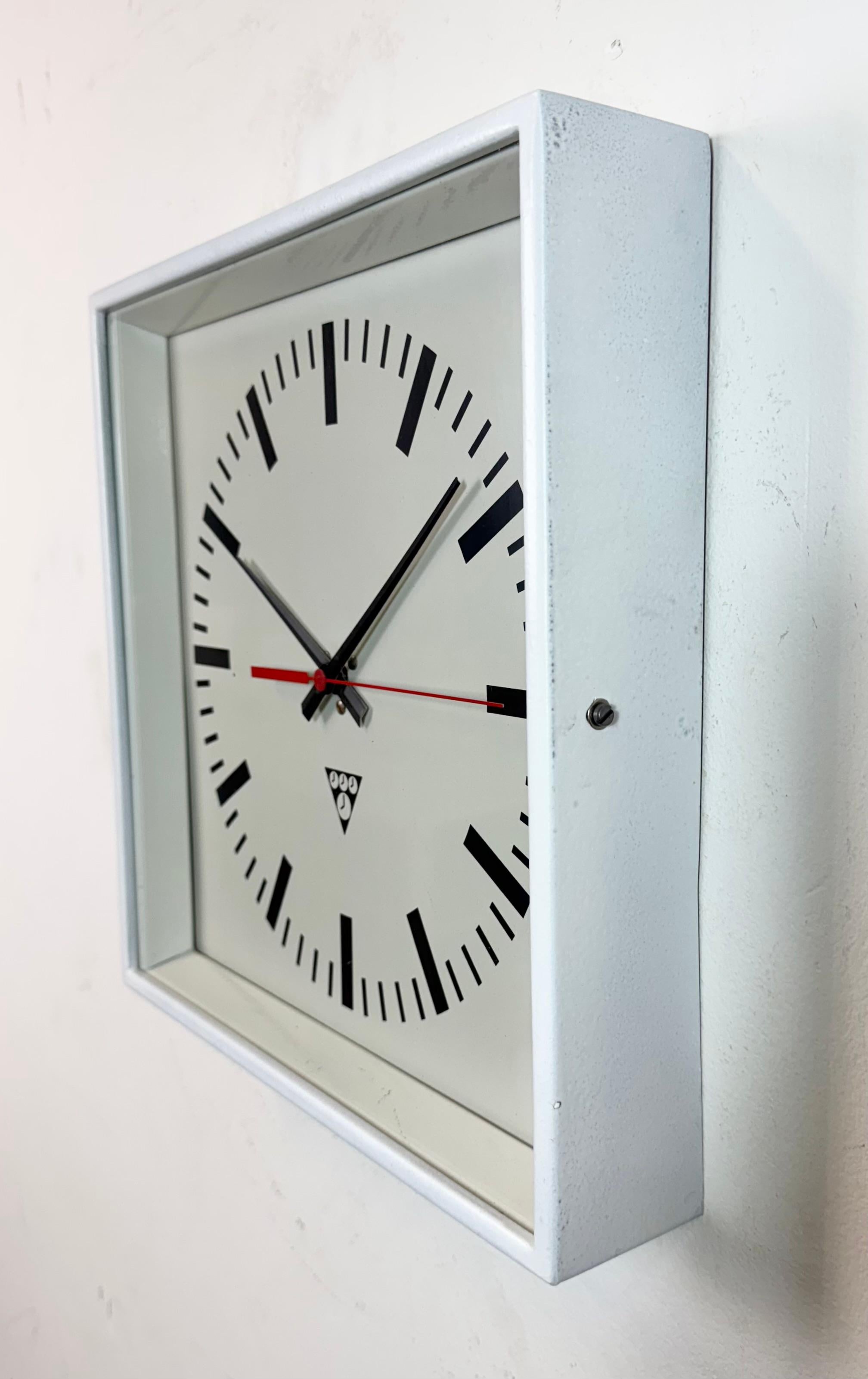White Industrial Square Wall Clock from Pragotron, 1970s In Good Condition For Sale In Kojetice, CZ