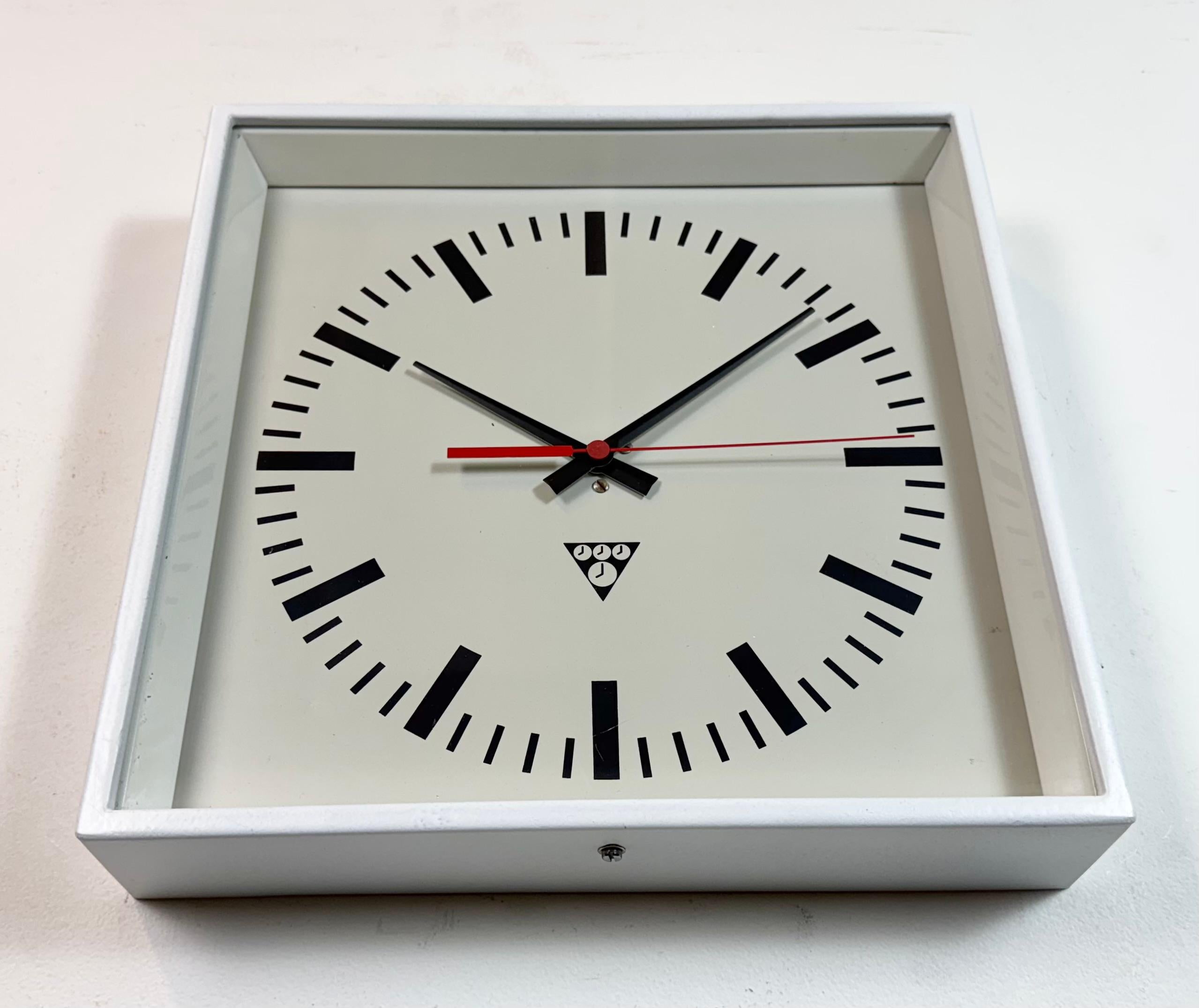 Late 20th Century White Industrial Square Wall Clock from Pragotron, 1970s For Sale