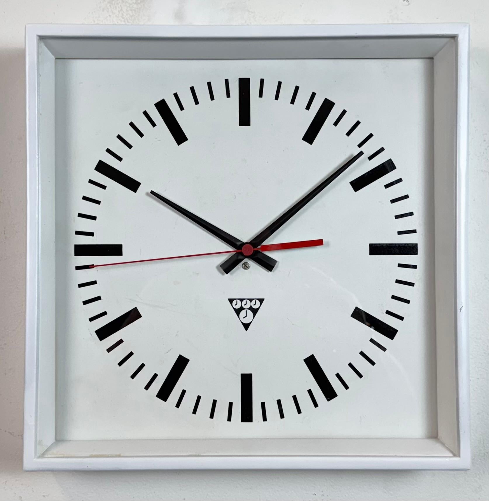 Czech White Industrial Square Wall Clock from Pragotron, 1970s For Sale