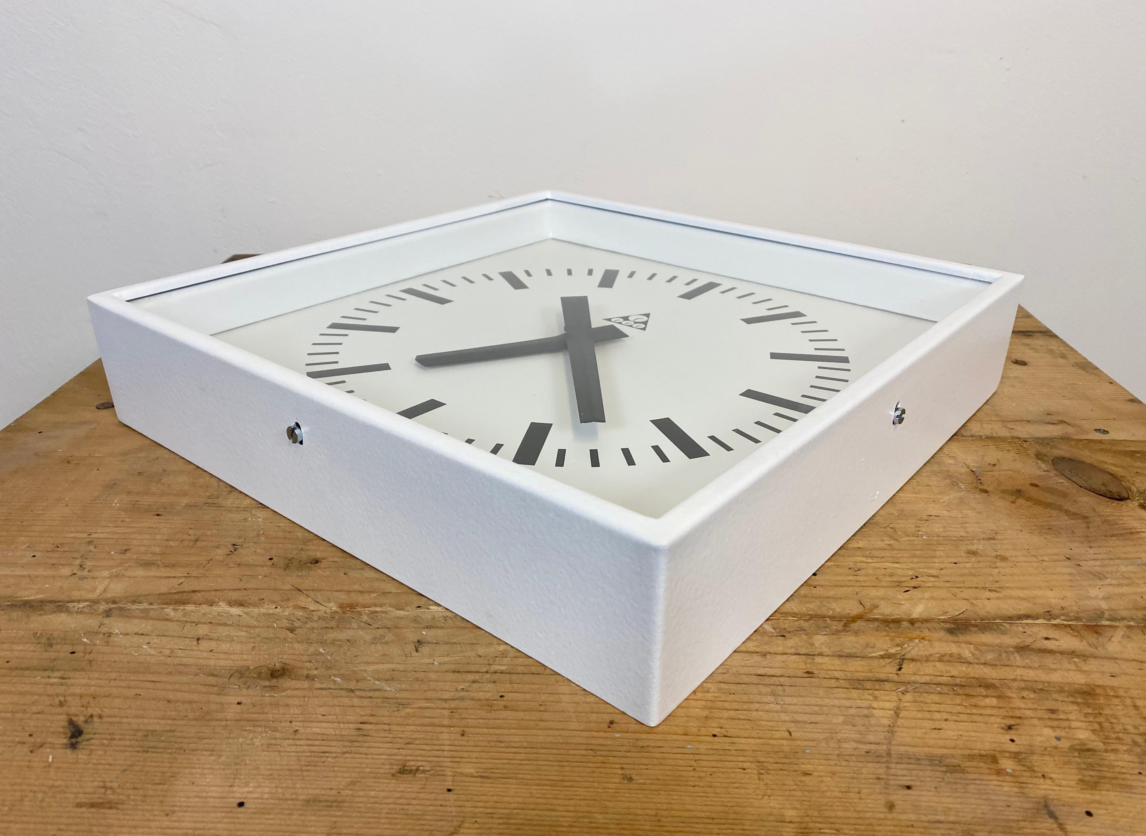 20th Century White Industrial Square Wall Clock from Pragotron, 1970s
