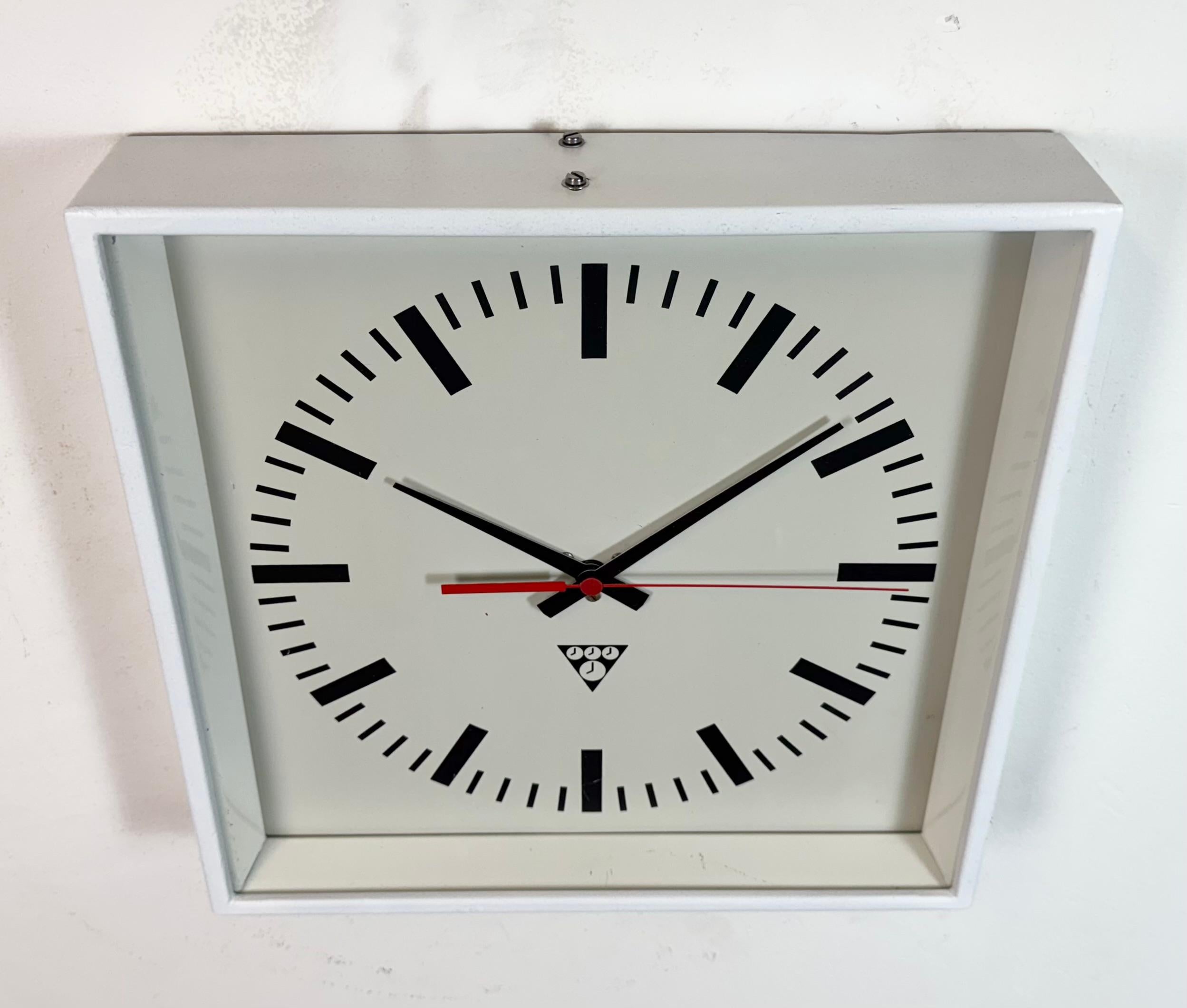 Aluminum White Industrial Square Wall Clock from Pragotron, 1970s For Sale