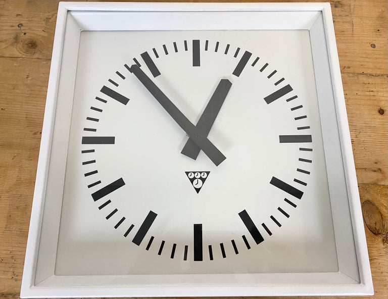 White Industrial Square Wall Clock from Pragotron, 1970s at 1stDibs
