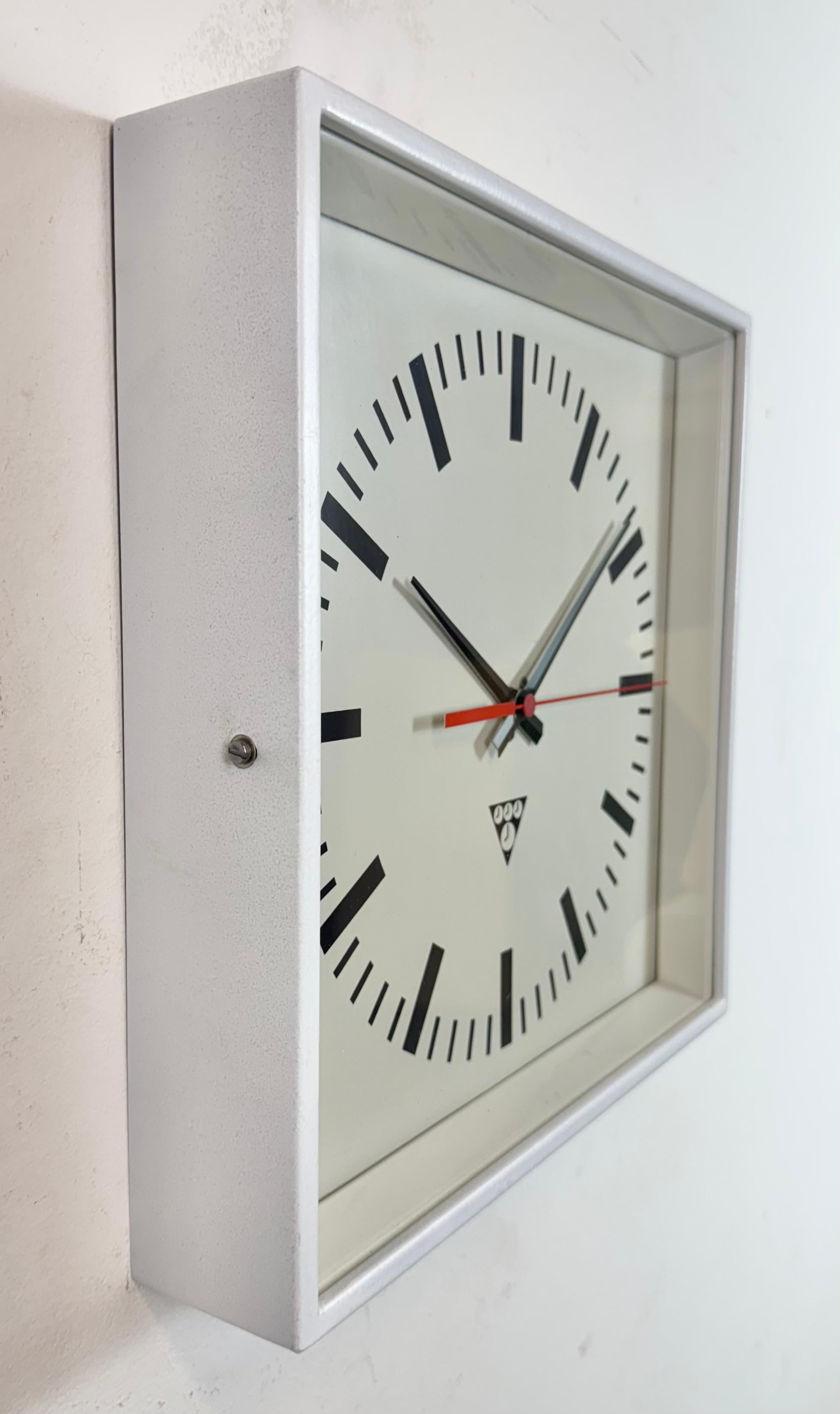 White Industrial Square Wall Clock from Pragotron, 1970s For Sale 1