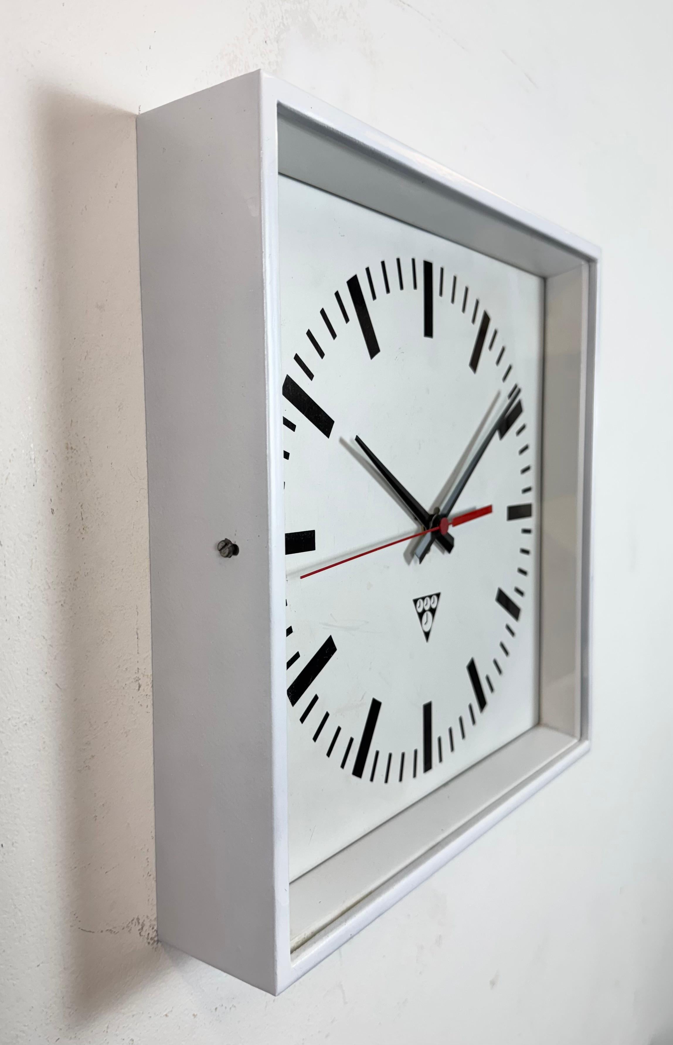 Late 20th Century White Industrial Square Wall Clock from Pragotron, 1970s For Sale