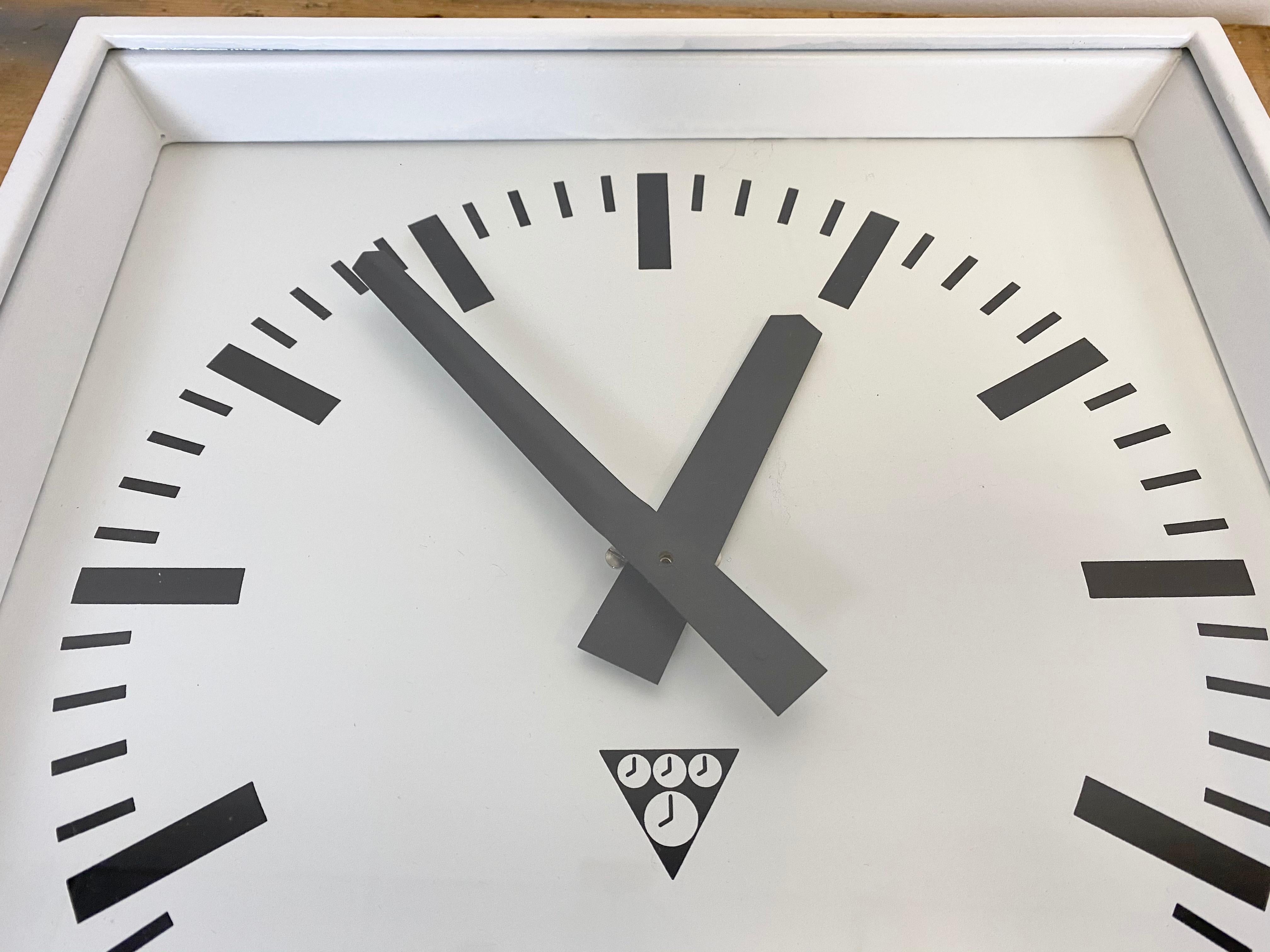 White Industrial Square Wall Clock from Pragotron, 1970s 1