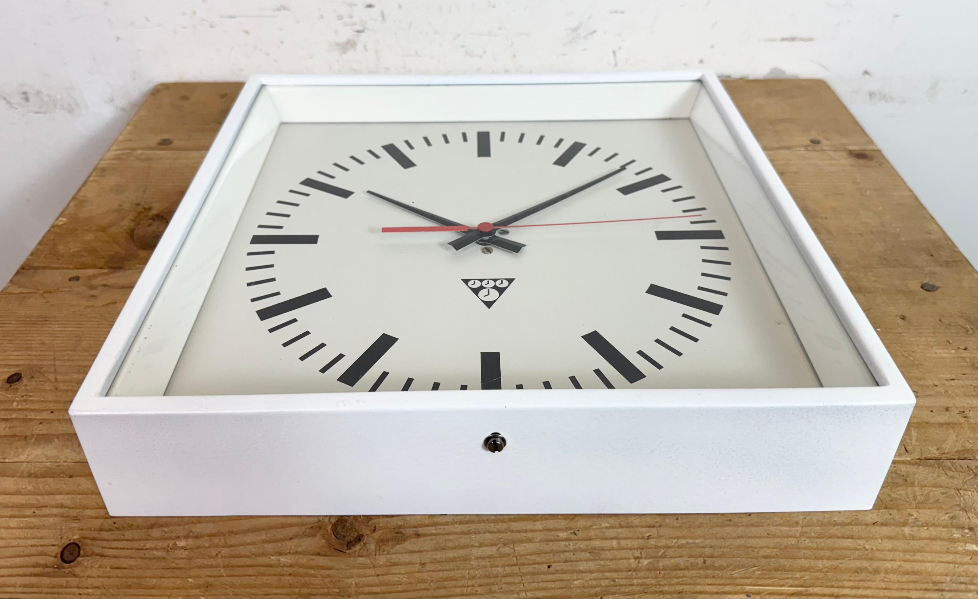 White Industrial Square Wall Clock from Pragotron, 1970s For Sale 2