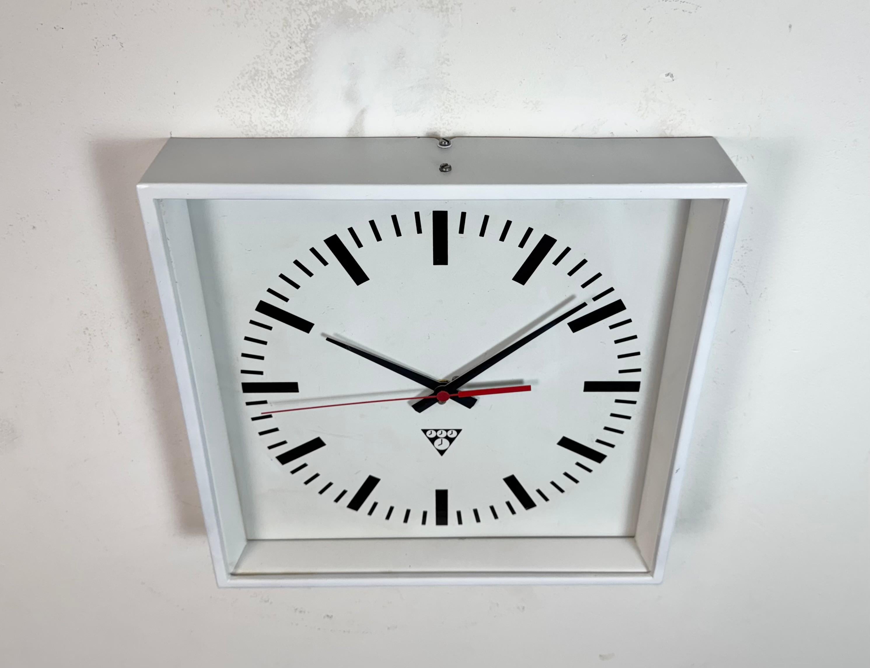 Aluminum White Industrial Square Wall Clock from Pragotron, 1970s For Sale