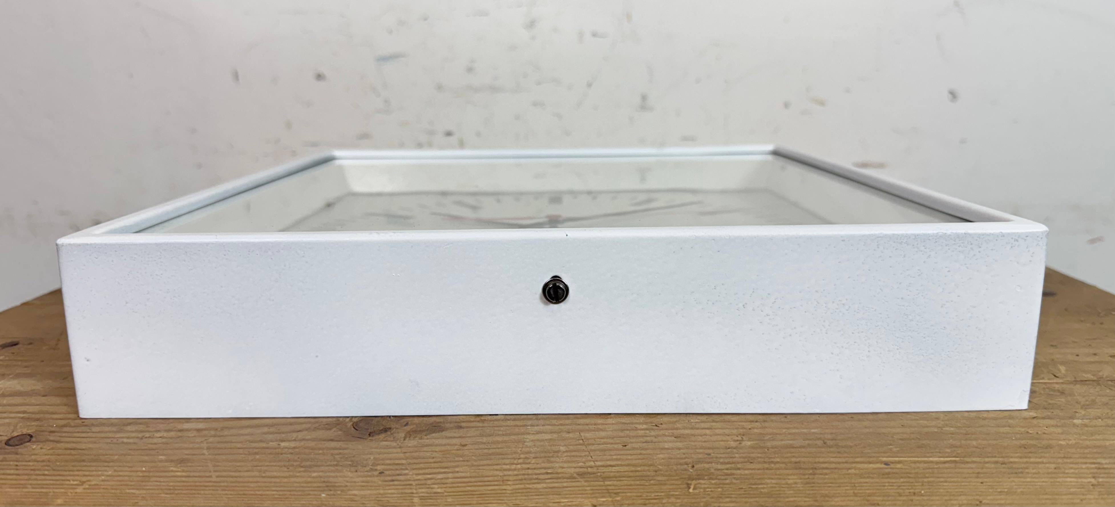 White Industrial Square Wall Clock from Pragotron, 1970s For Sale 3