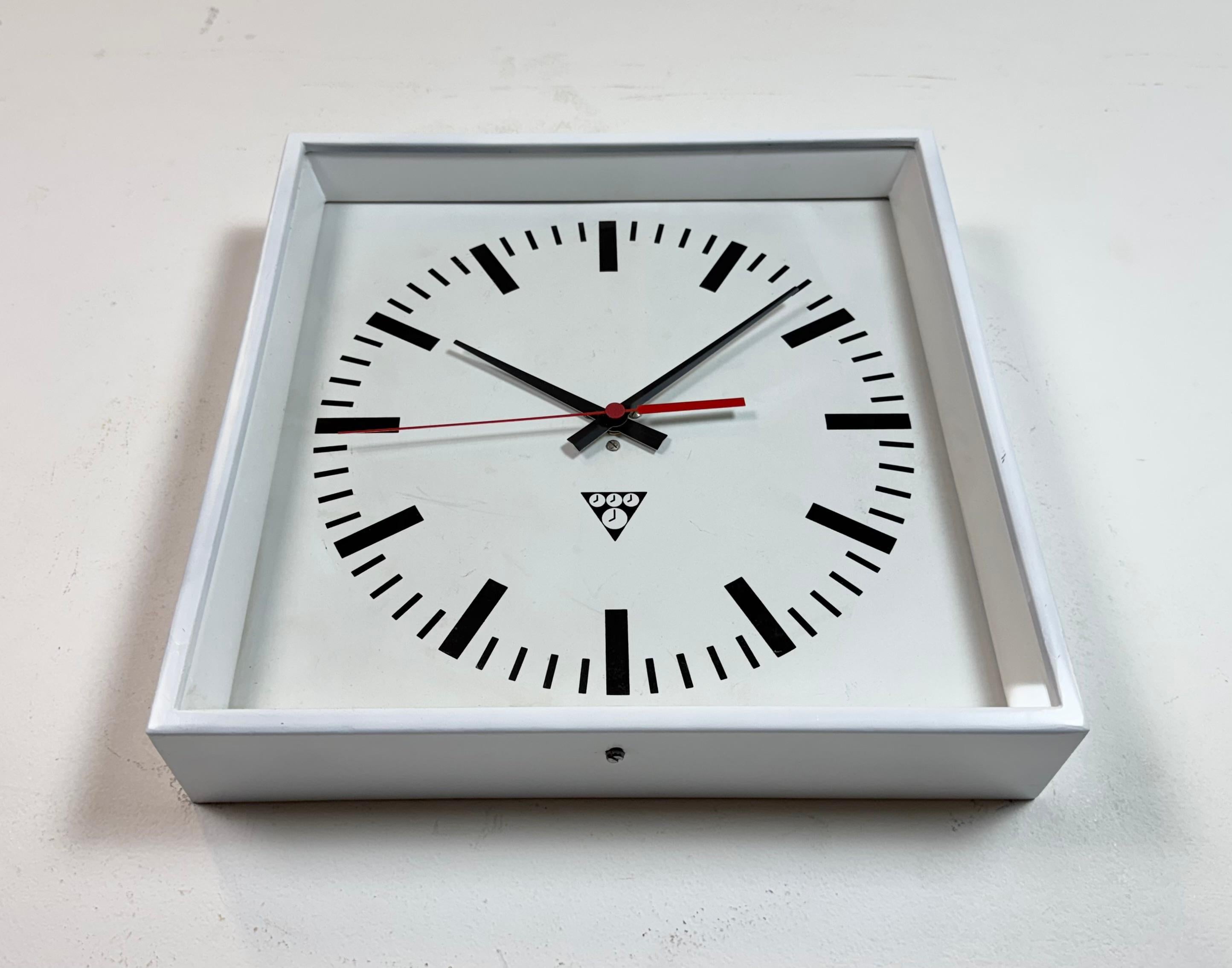 White Industrial Square Wall Clock from Pragotron, 1970s For Sale 1