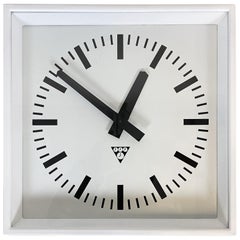 White Industrial Square Wall Clock from Pragotron, 1970s