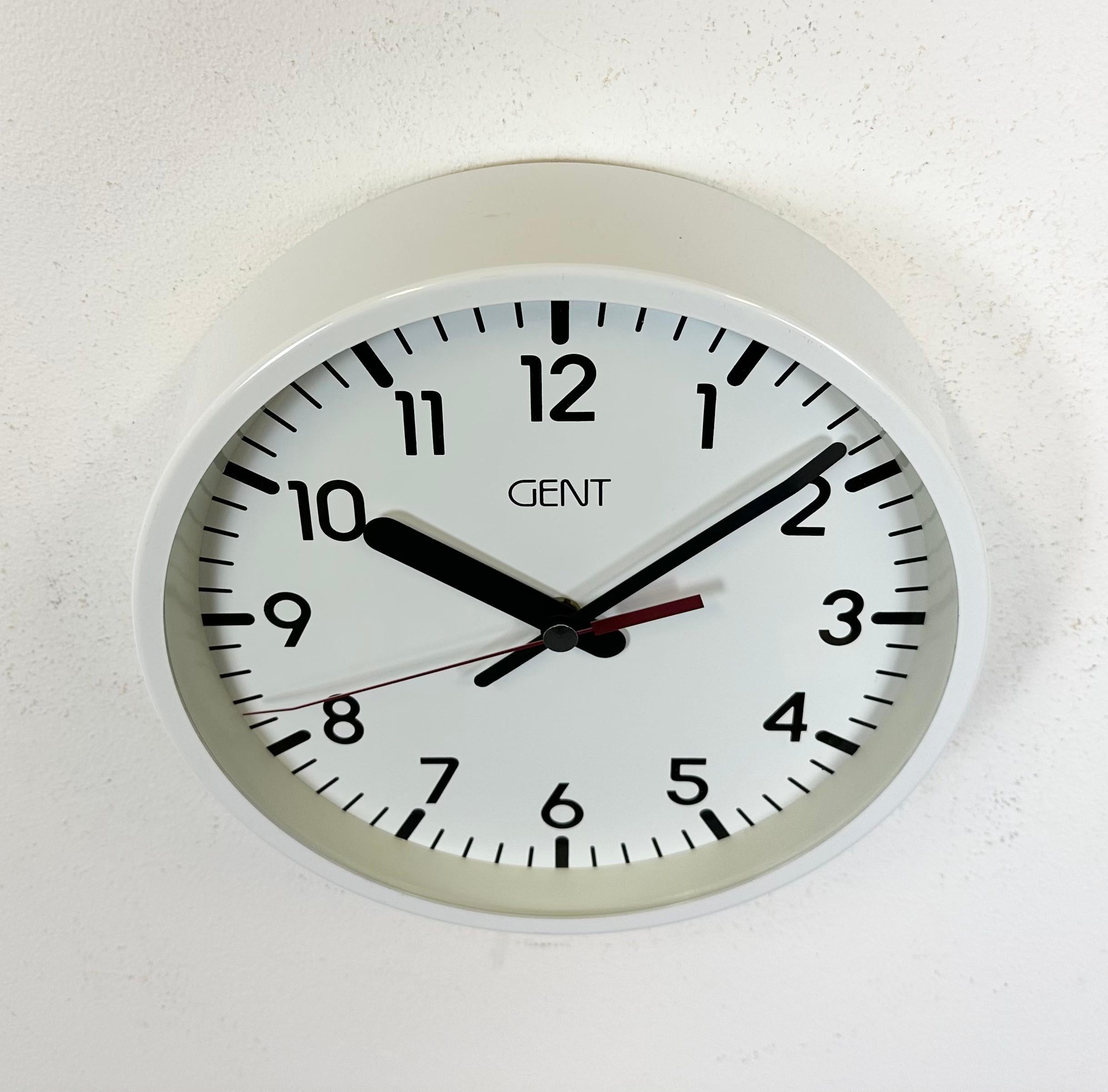 Glass White Industrial Wall Clock from Gent, 1980s For Sale