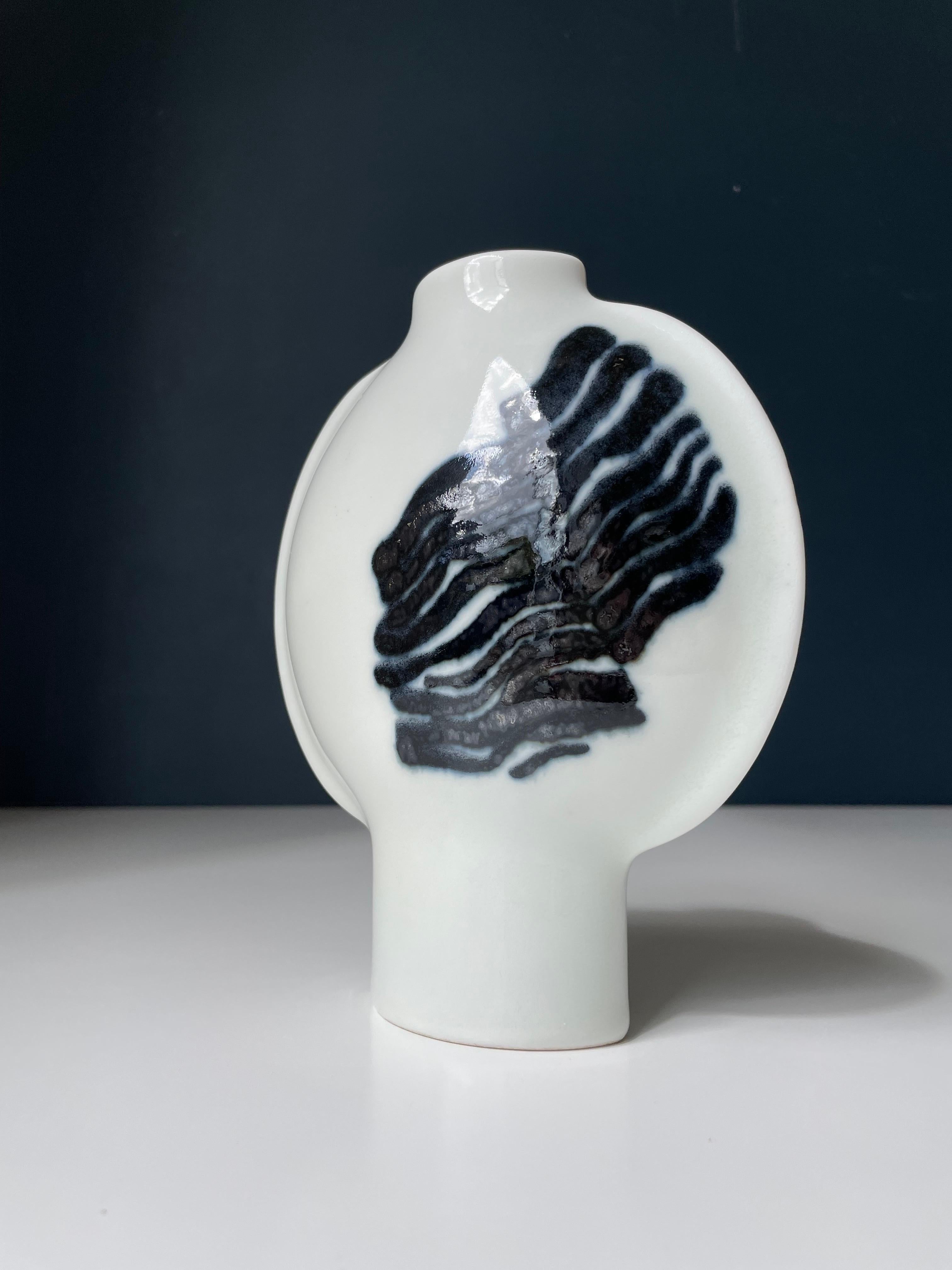 20th Century Inger Persson, Rörstrand White, Black Decor Vase, Sweden, 1960s For Sale