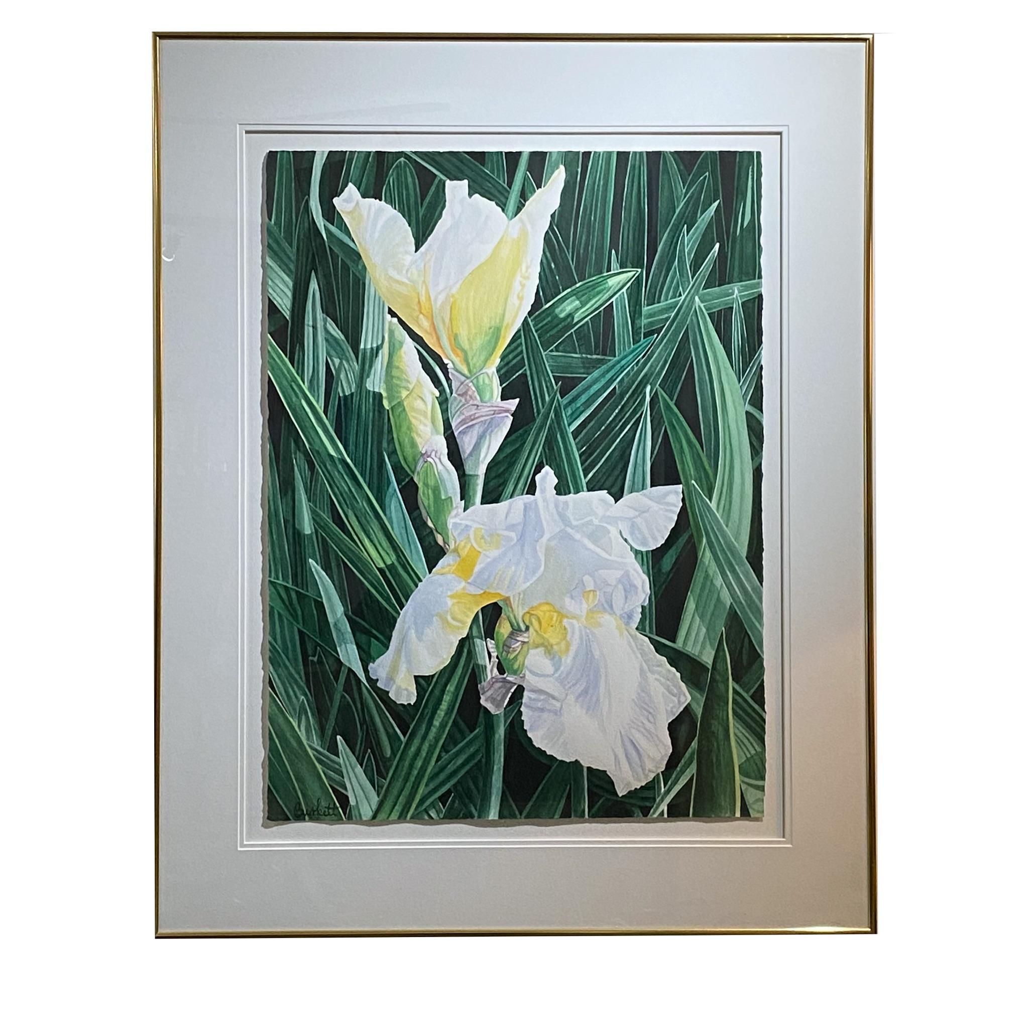 Hand-Painted White Iris by Helen Burkett For Sale