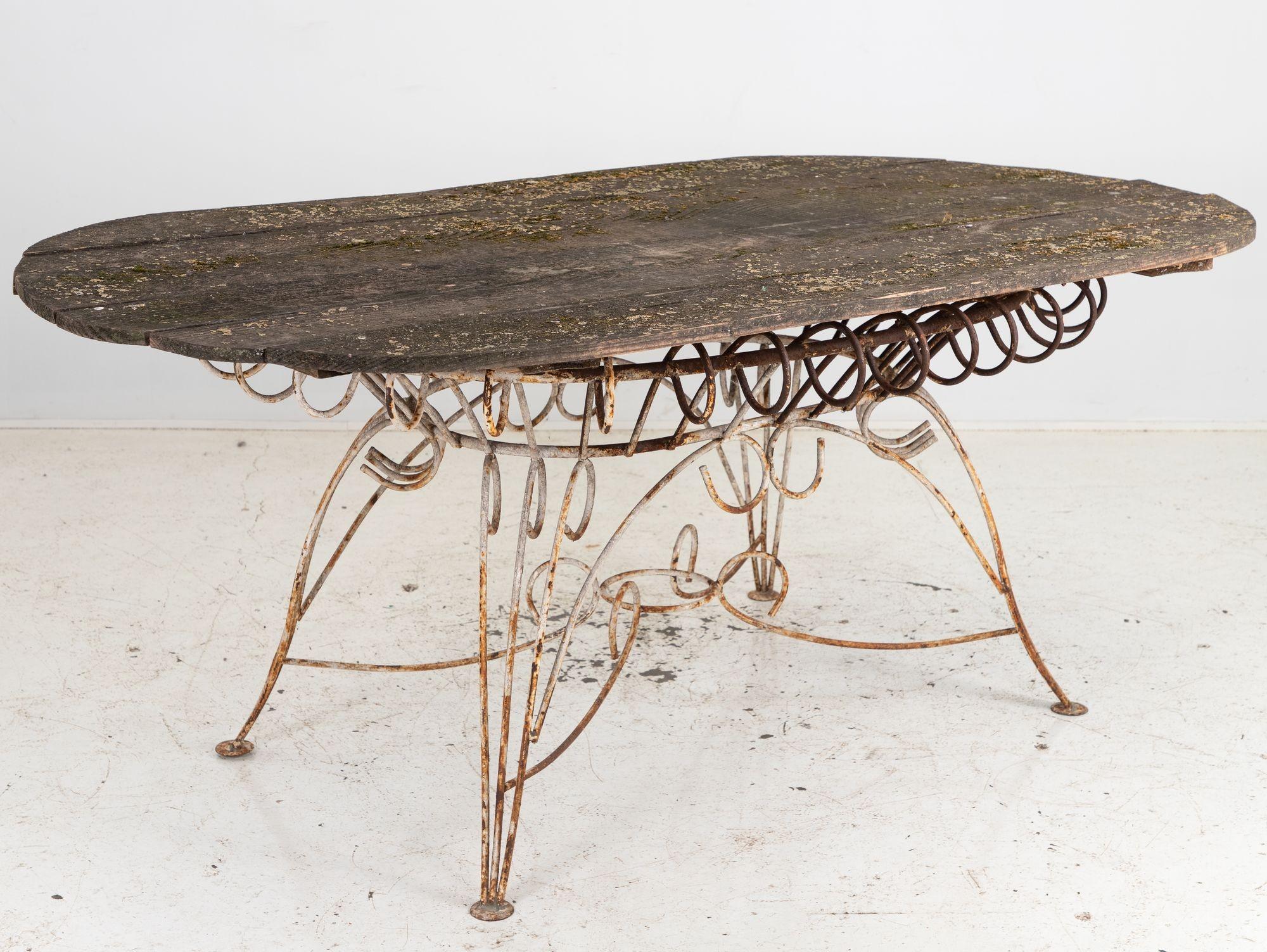 French White Iron and Wood Topped Garden Dining Table, France 1930s For Sale