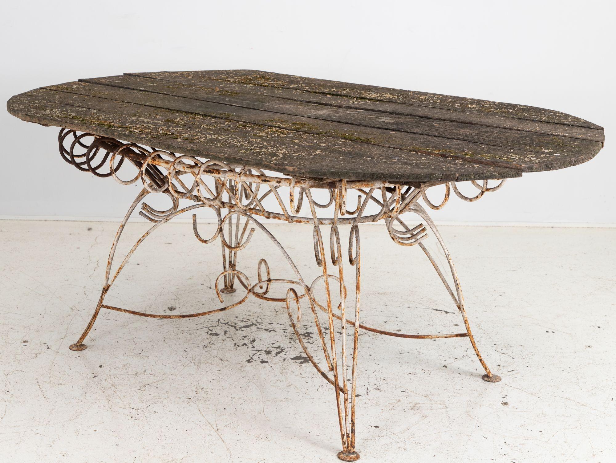20th Century White Iron and Wood Topped Garden Dining Table, France 1930s For Sale