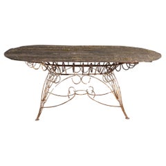 Table de salle à manger de jardin avec plateau en fer blanc et bois, France, années 1930