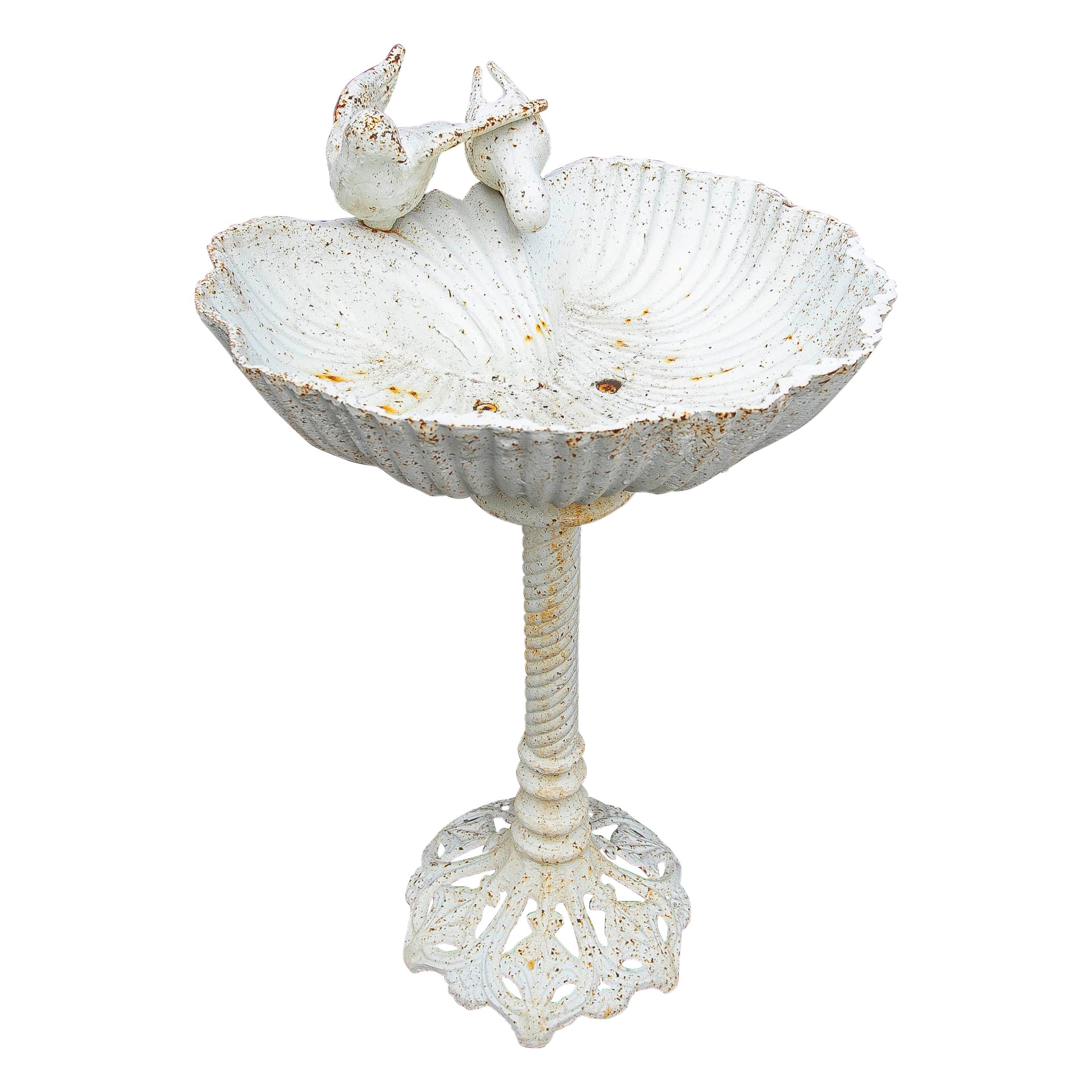 Vogeltränke aus weißem Eisen mit Ziertauben