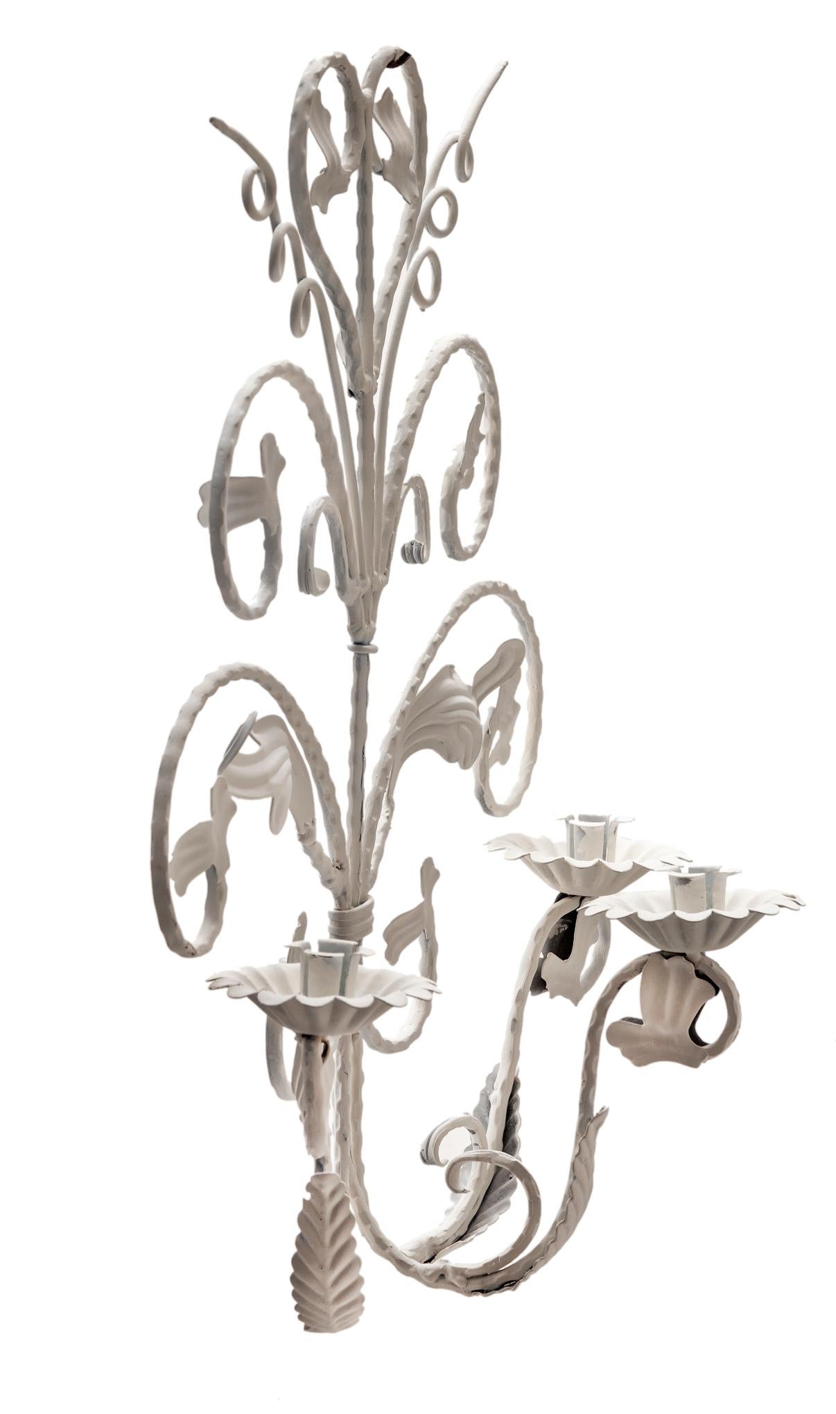 Rustic White Iron Candlestick Wall Scones Pair For Sale