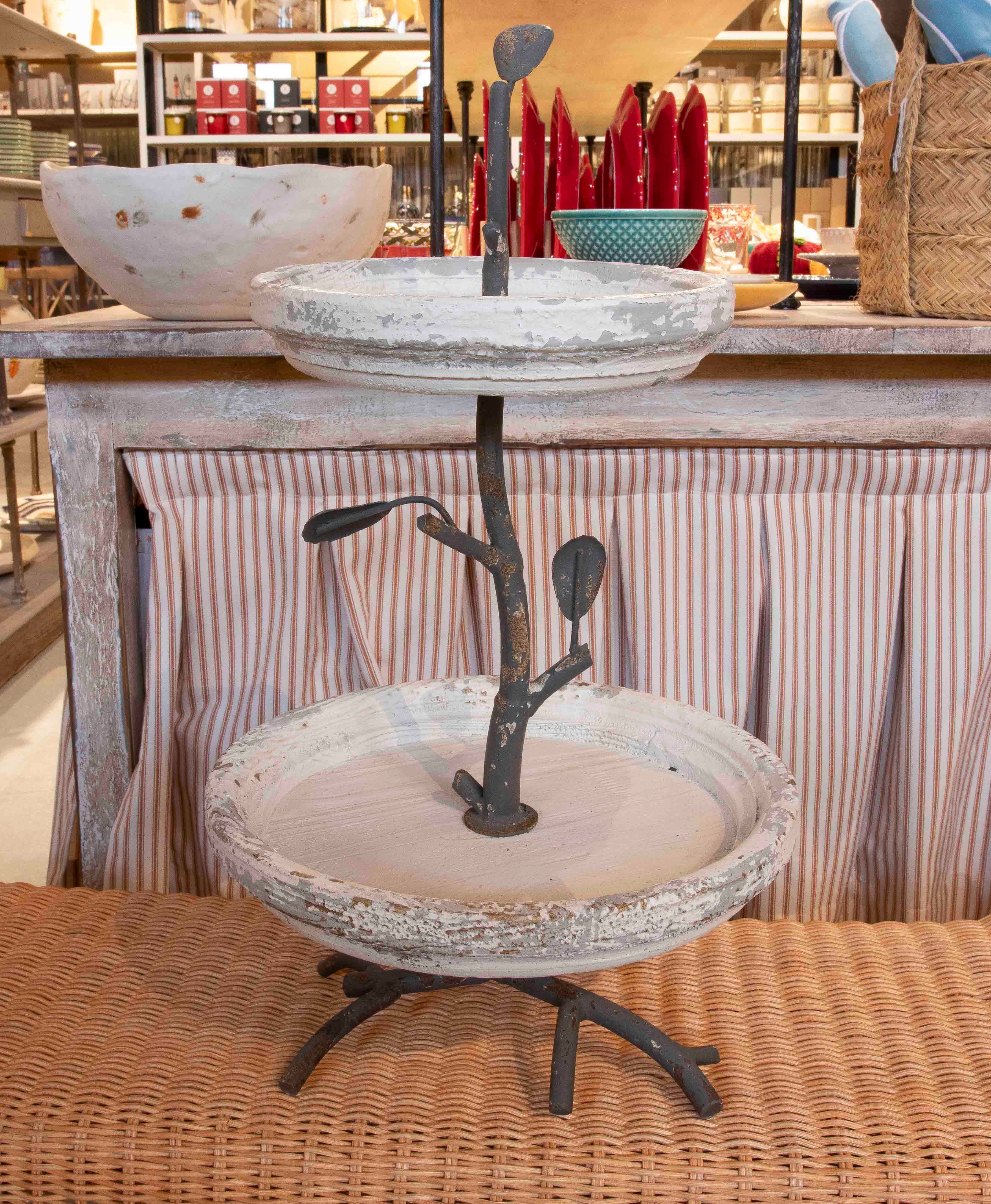 White Iron Tabletop Fruit Bowl with Branch Design and Double Tray For Sale