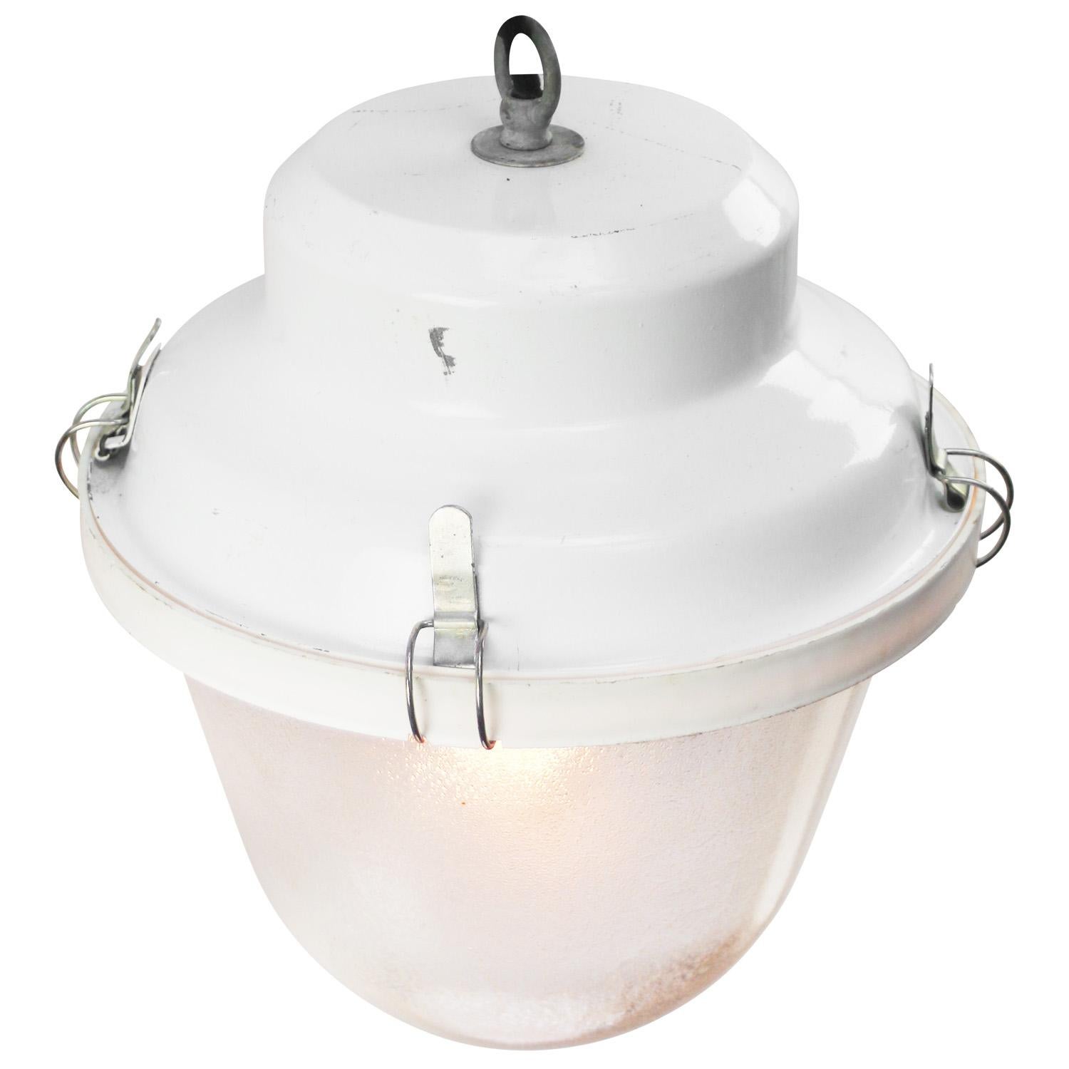 White industrial hanging lamp
White metal top, white plastic ring with frosted glass

Weight: 3.60 kg / 7.9 lb

Priced per individual item. All lamps have been made suitable by international standards for incandescent light bulbs, energy-efficient