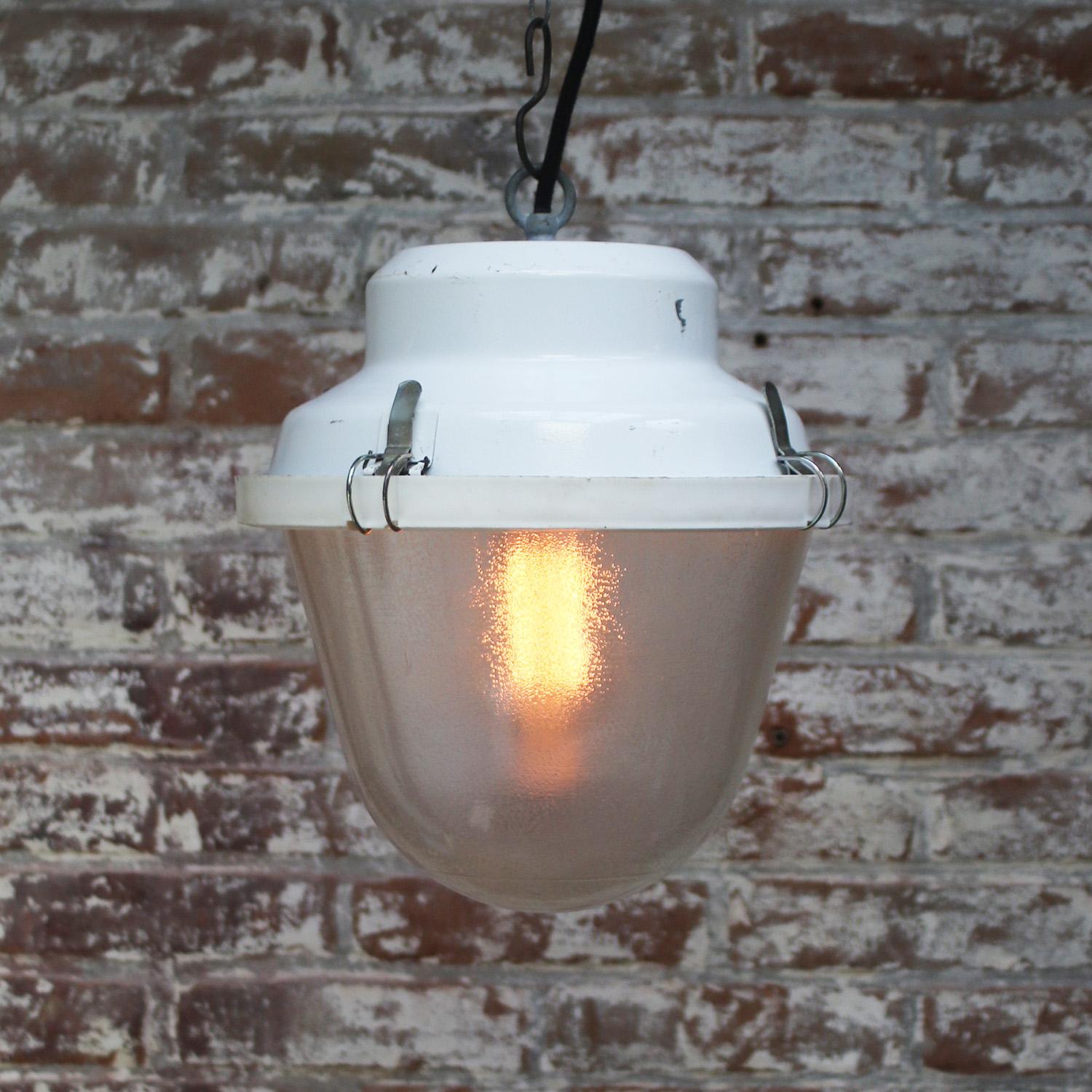 20th Century White Iron Vintage Industrial Frosted Glass Pendant Lights For Sale