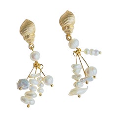 White Irregular Cluster Beads Pearls Tassel Conch Shell Drop Gold Clip Earrings