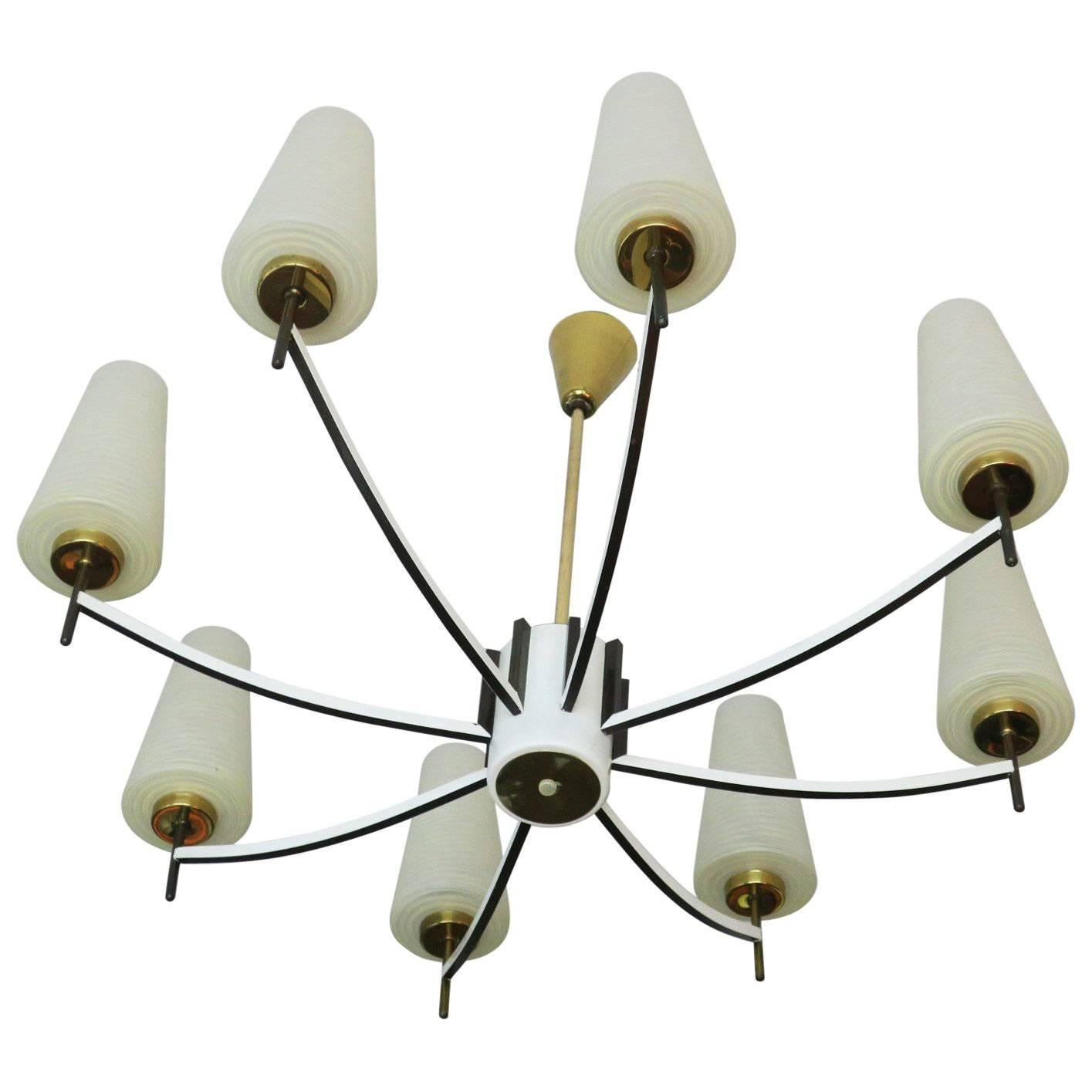 Mid Century White Italian Chandelier with Brass and Art Glass For Sale