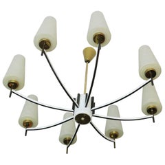 Mid Century White Italian Chandelier with Brass and Art Glass