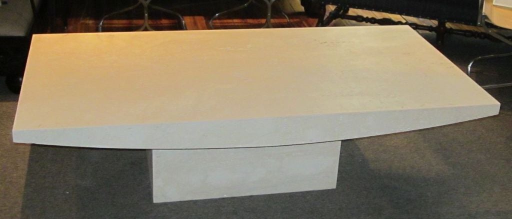 Sculptural travertine rectangular coffee table. Travertine is from Italy, table is made in the United States.
See image four for surface.
This table is honed and unfilled.
Can be custom to any size.
Choice of finishes for custom:
honed and