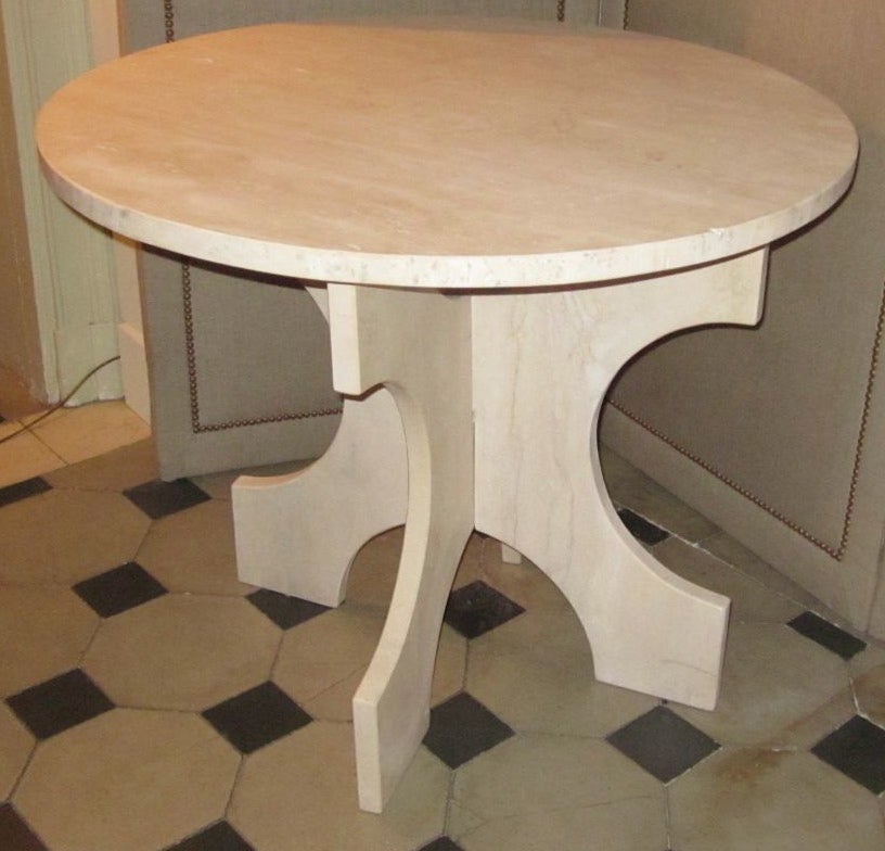 Italian travertine base and round top side or center table.
