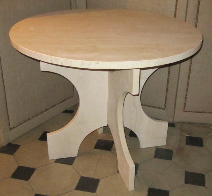 White Italian Travertine Round Top Side Table on C Shape Base, USA, Contemporary 2