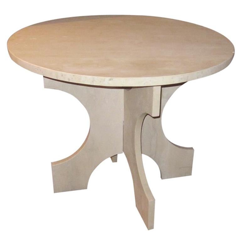White Italian Travertine Round Top Side Table on C Shape Base, USA, Contemporary